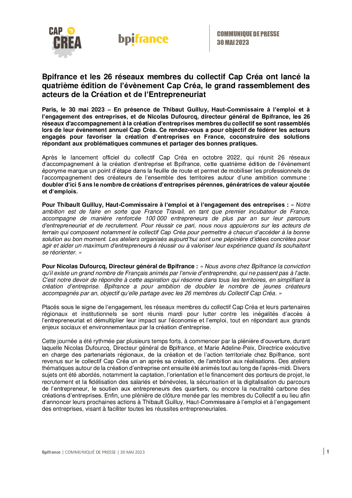 2023 05 30 – CP Bpifrance et les 26 réseaux membres du collectif Cap Créa ont lancé la quatrième édition de l’évènement Cap Créa-pdf