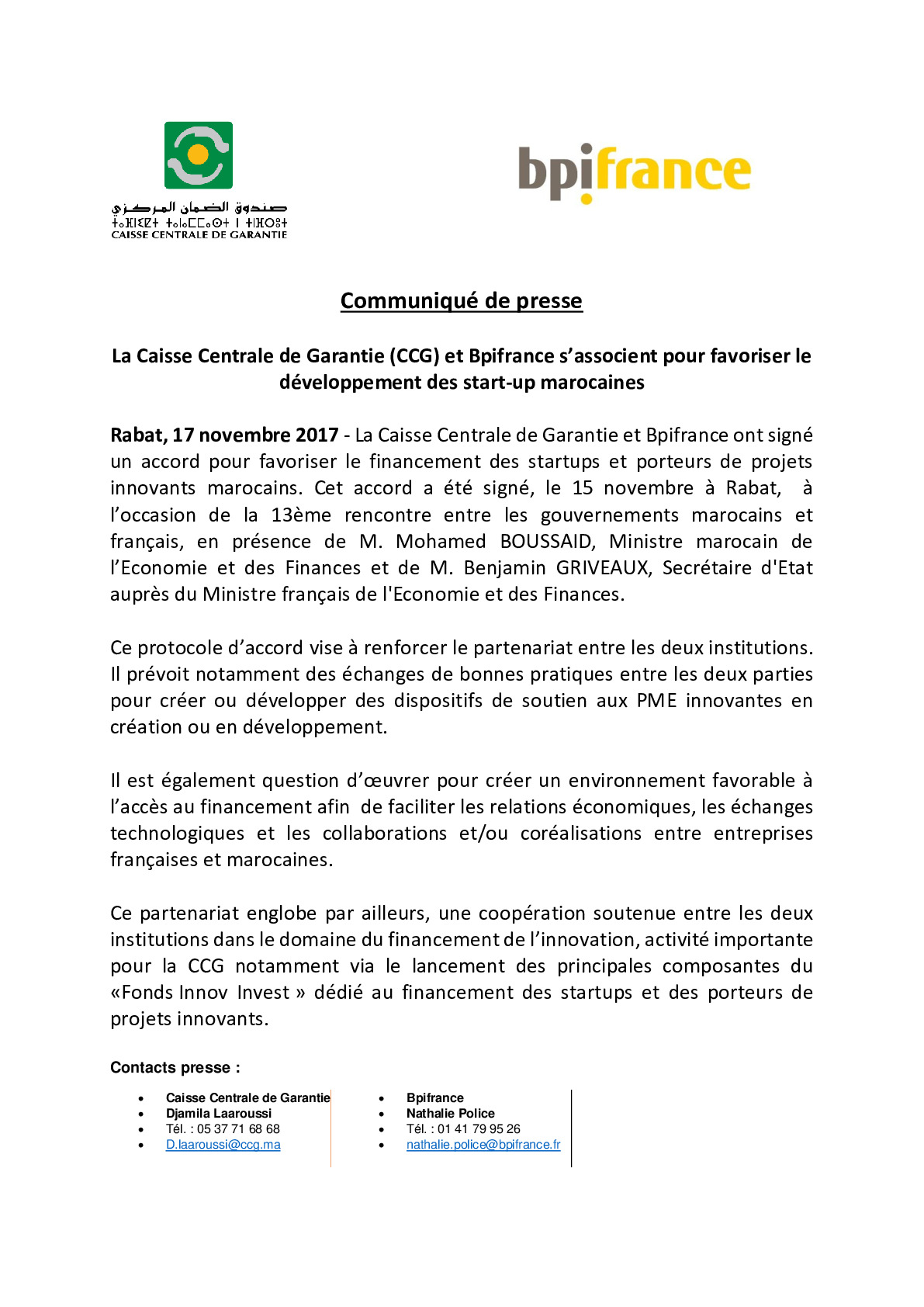 2017 11 17 – CP signature accord entre Bpifrance et la Caisse Centrale de Garantie – CCG Maroc-pdf