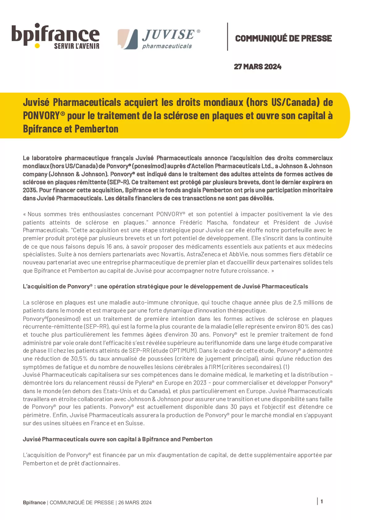 2024 03 27 – CP – Juvisé Pharmaceuticals acquiert les droits mondiaux de PONVORY® pour le traitement de la sclérose en plaques et ouvre son capital à Bpifrance et Pemberton-pdf