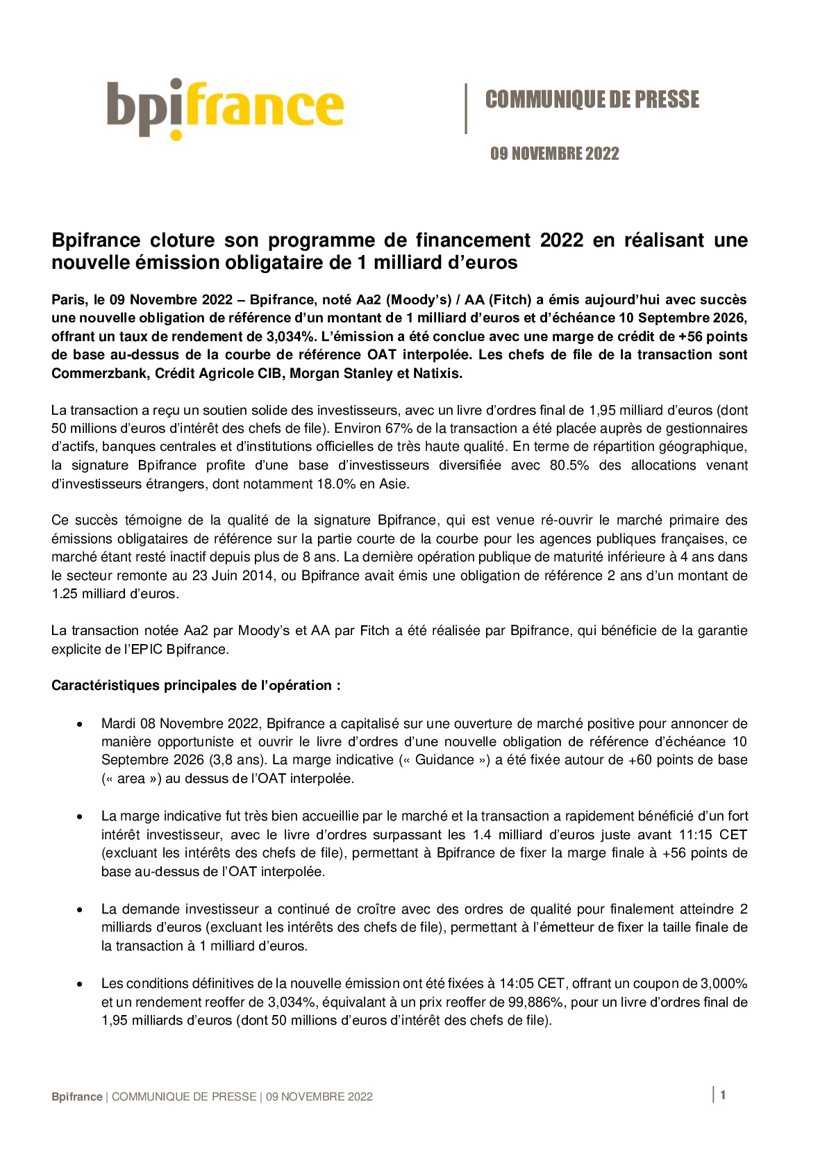 2022 11 09 – CP Bpifrance cloture son programme de financement 2022 en realisant une nouvelle emission obligataire de 1 milliard deuros-pdf