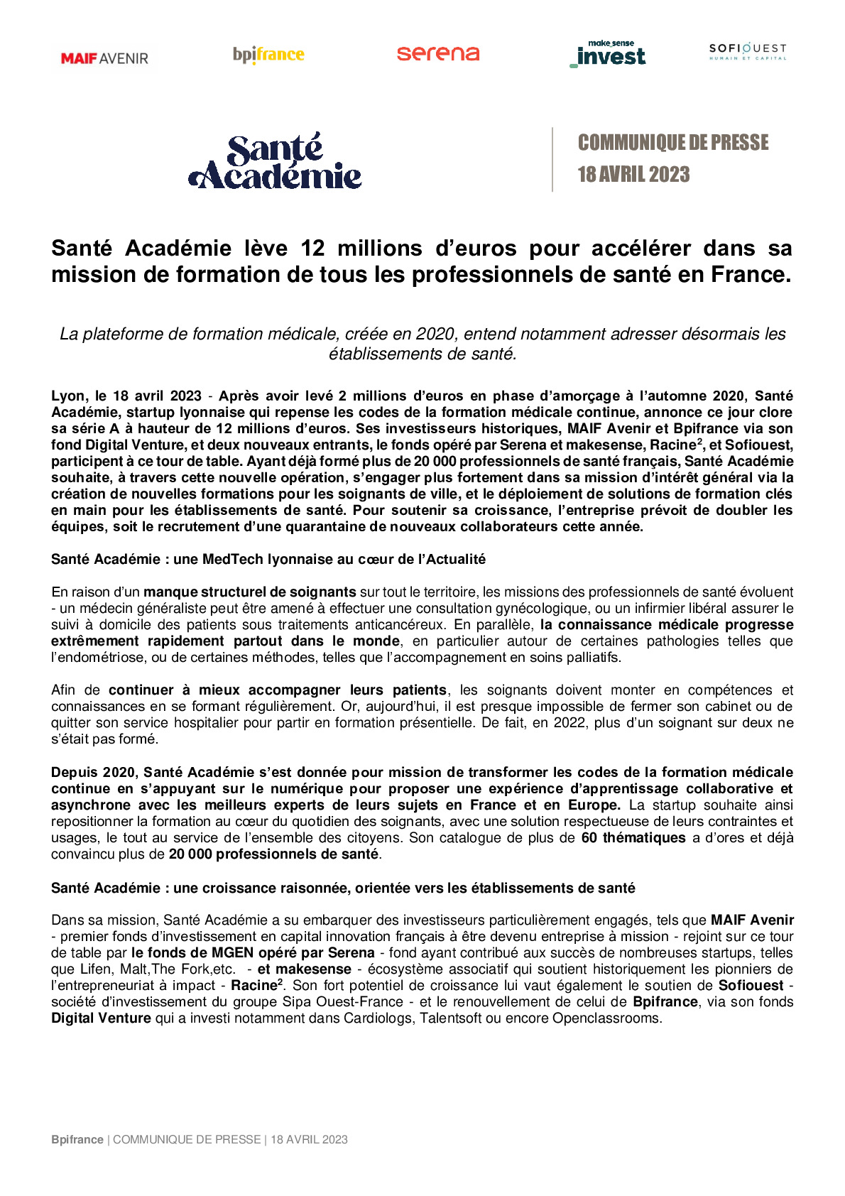 2023 04 18 – Santé Académie lève 12 millions d’euros pour accélérer dans sa mission de formation de tous les professionnels de santé en France-pdf