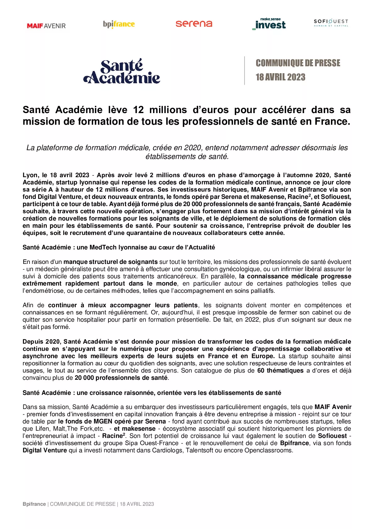 2023 04 18 – Santé Académie lève 12 millions d’euros pour accélérer dans sa mission de formation de tous les professionnels de santé en France-pdf