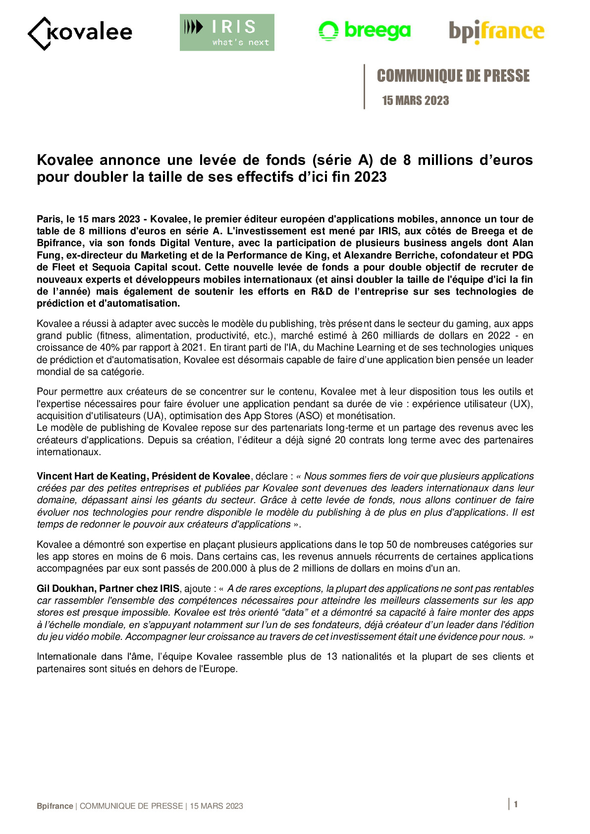 2023 03 15 – CP Bpifrance – Kovalee annonce une levée de fonds (série A) de 8 millions d’euros pour doubler la taille de ses effectifs d’ici fin 2023-pdf