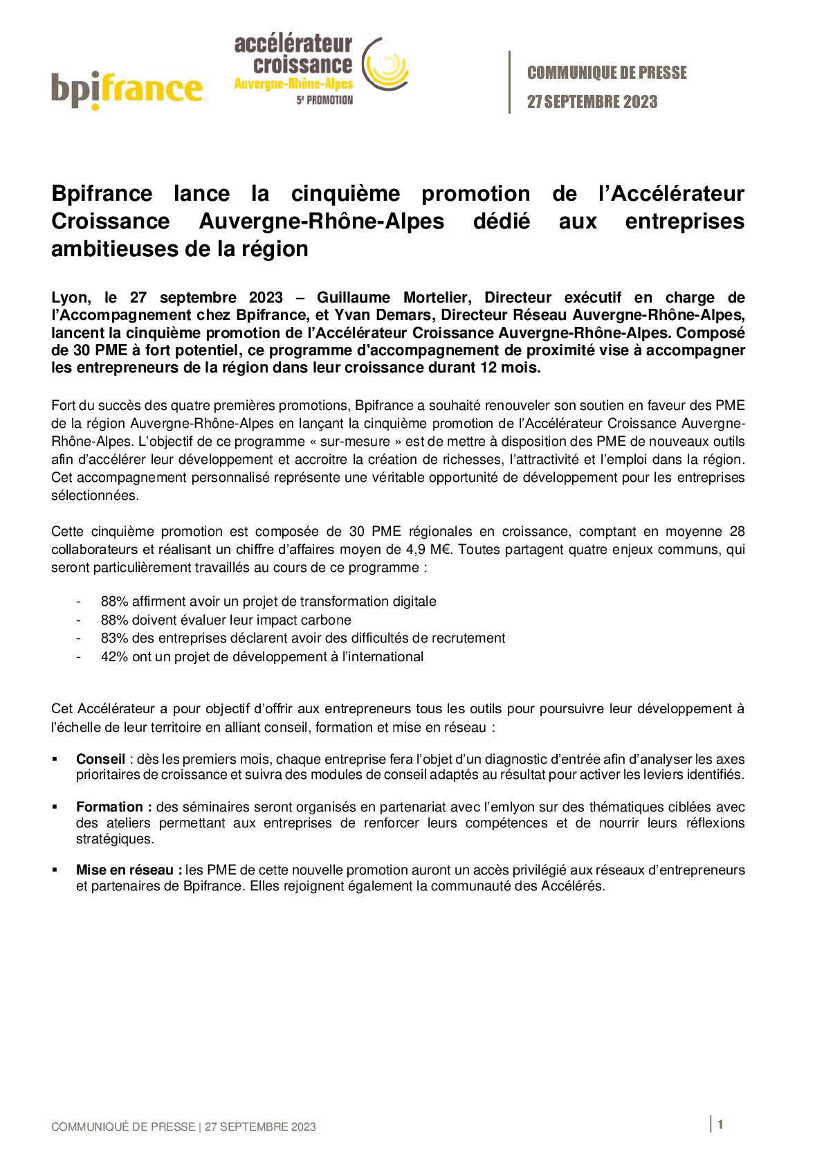 2023 09 27- CP Bpifrance – Bpifrance lance la cinquième promotion de l’Accélérateur Croissance Auvergne-Rhône-Alpes dédié aux entreprises ambitieuses de la région-pdf