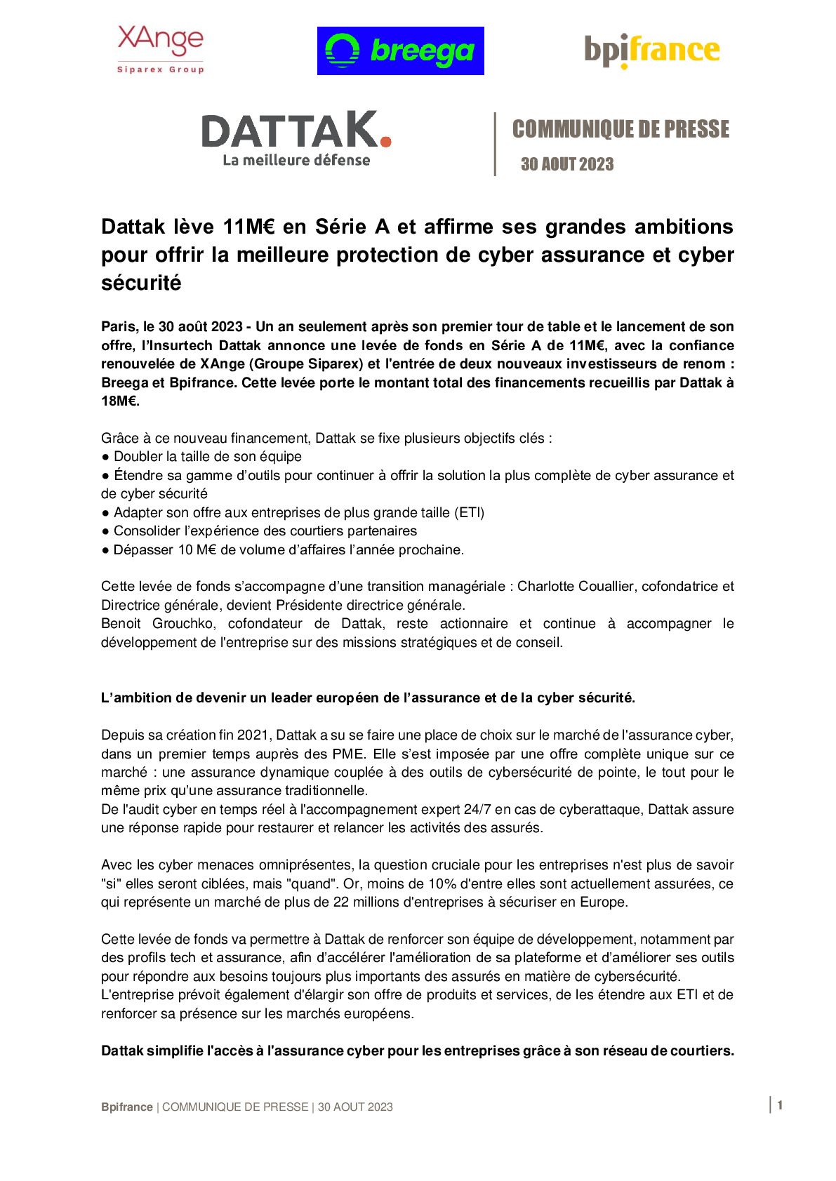 2023 08 30 – CP Bpifrance Dattak lève 11M€ en Série A et affirme ses grandes ambitions pour offrir la meilleure protection de cyber assurance et cyber sécurité-pdf