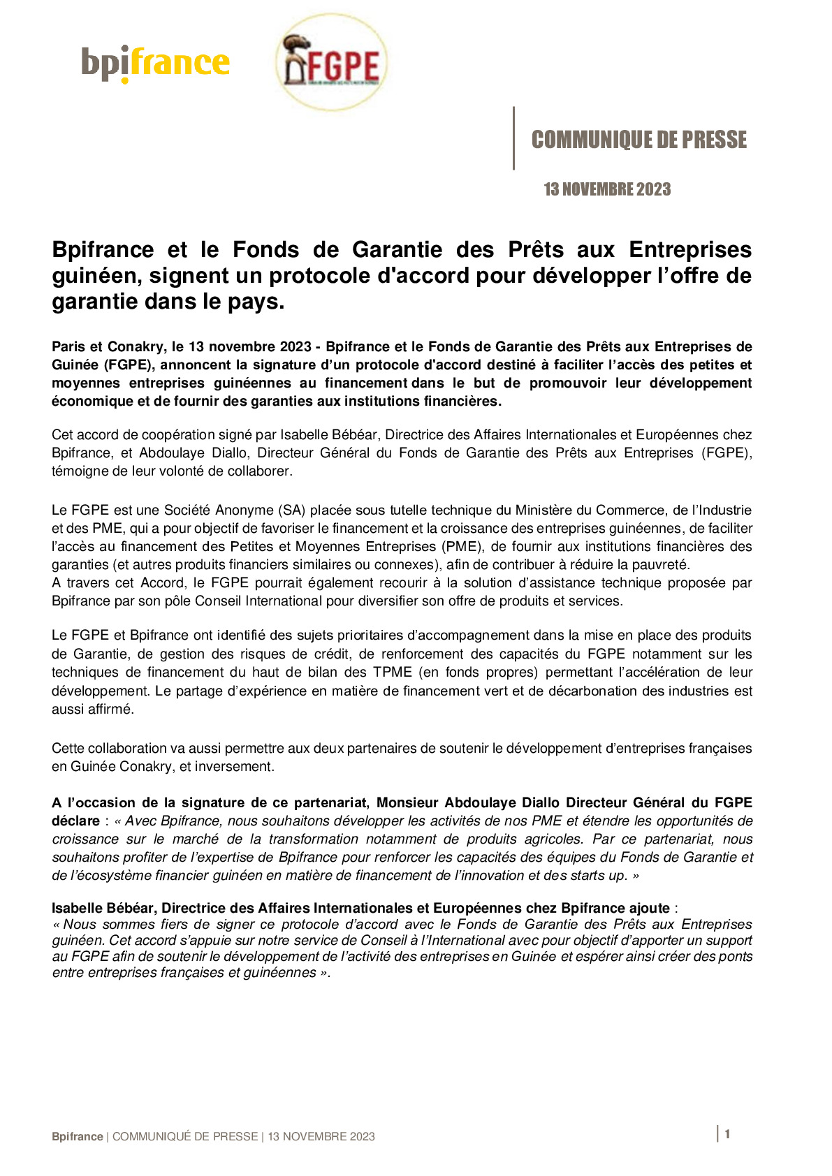 2023 11 13 – CP Bpifrance – Bpifrance et le Fonds de Garantie des Prêts aux Entreprises guinéen signent un protocole d’accord pour développer l’offre de garantie dans le pays-pdf