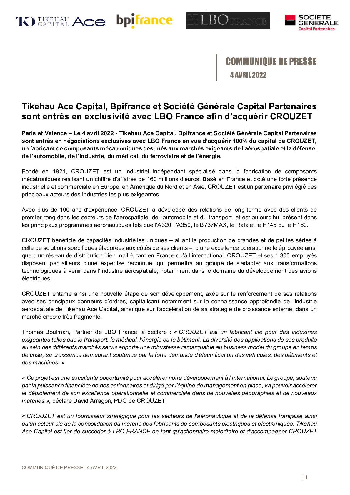 2022 04 01 – CP – Tikehau Ace Capital Bpifrance et Societe Generale Capital Partenaires sont entres en exclusivite avec LBO France afin dacquerir le CROUZET-pdf
