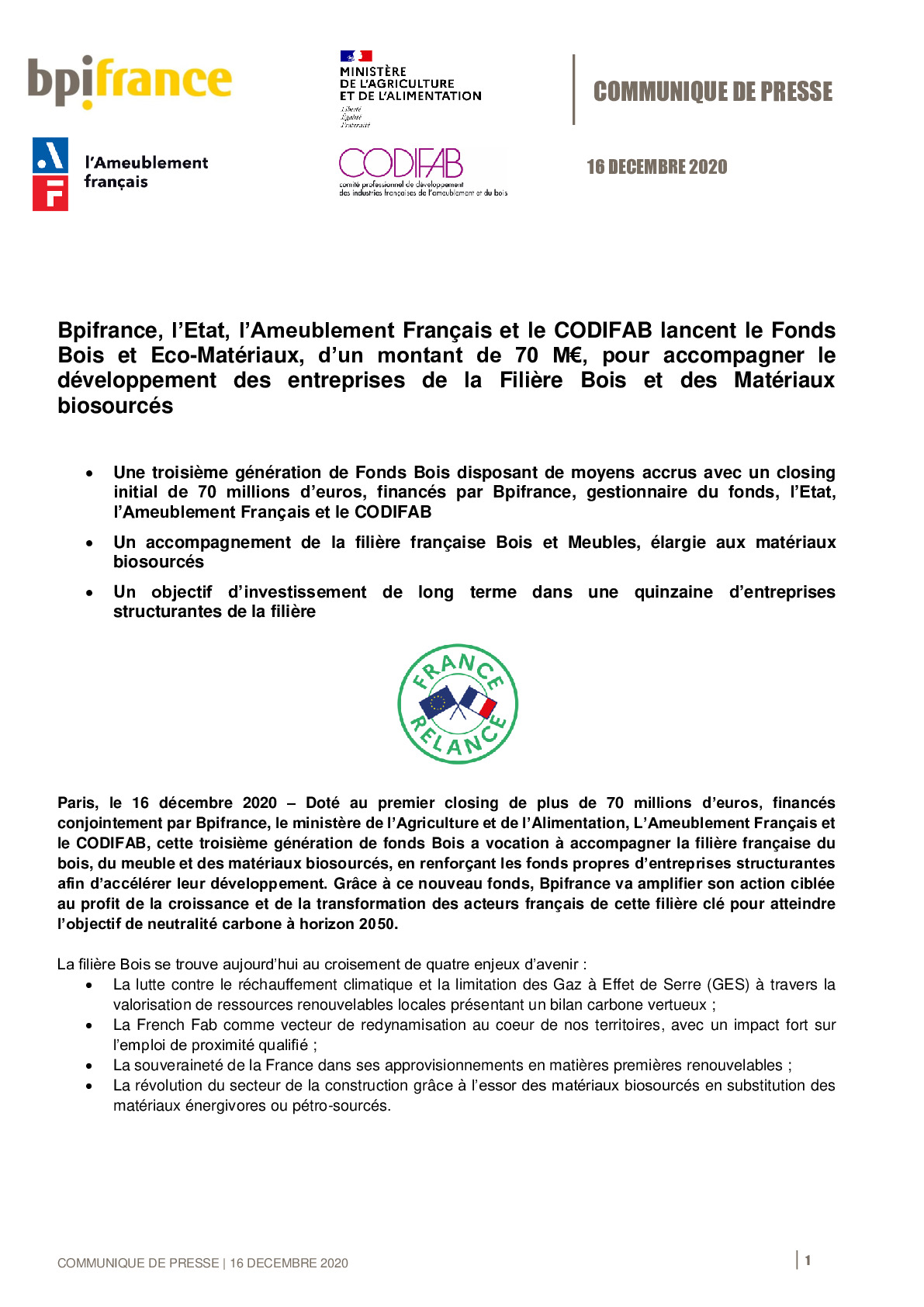 2020 12 16  – CP Bpifrance lEtat lAmeublement Francais et le CODIFAB lancent le Fonds Bois et Eco-Materiaux dun montant de 70 M-pdf