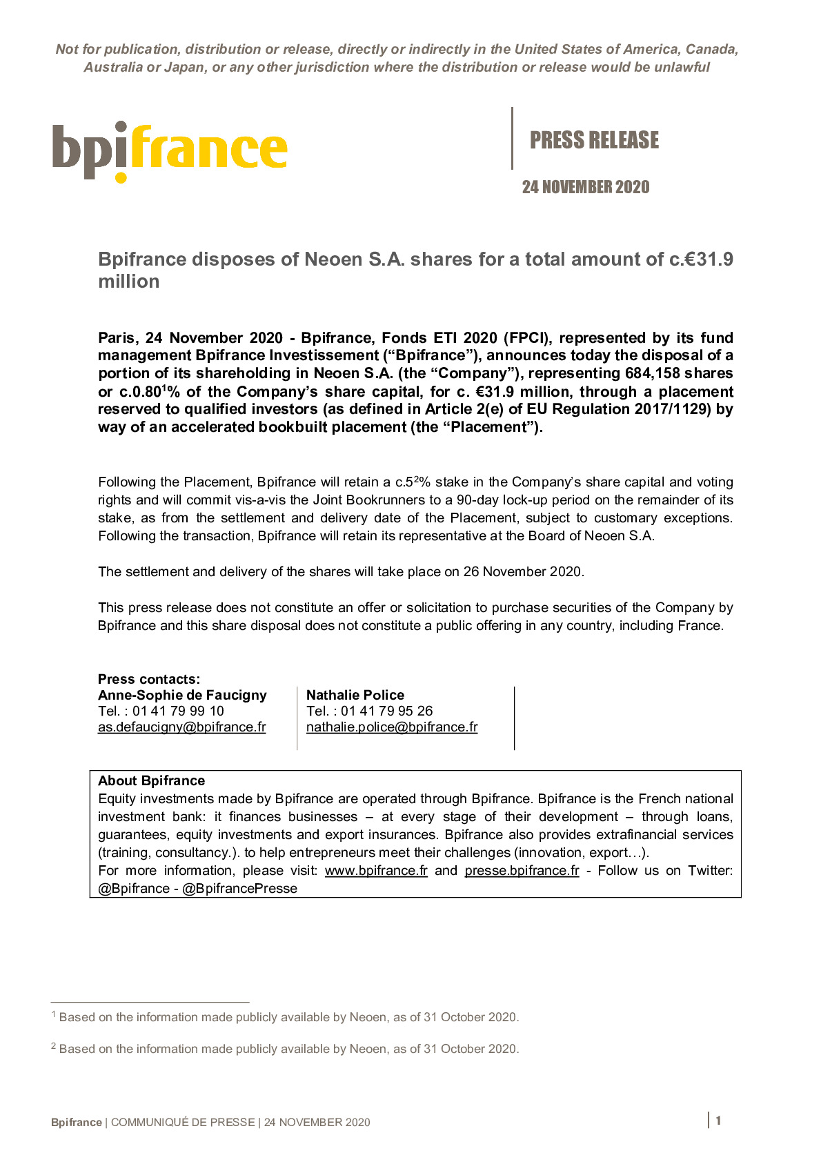 2020 11 24 – PR Bpifrance disposes of Neoen S-A- shares for a total amount of c-31-9 million-pdf