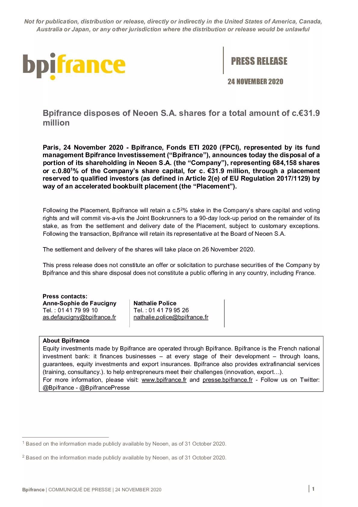 2020 11 24 – PR Bpifrance disposes of Neoen S-A- shares for a total amount of c-31-9 million-pdf