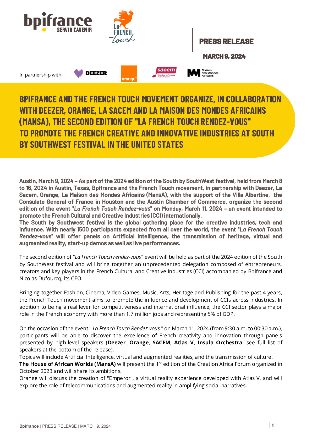 2024 03 09  – Press release – Bpifrance and the French Touch movement organize the second edition of La French Touch rendez-vous-pdf