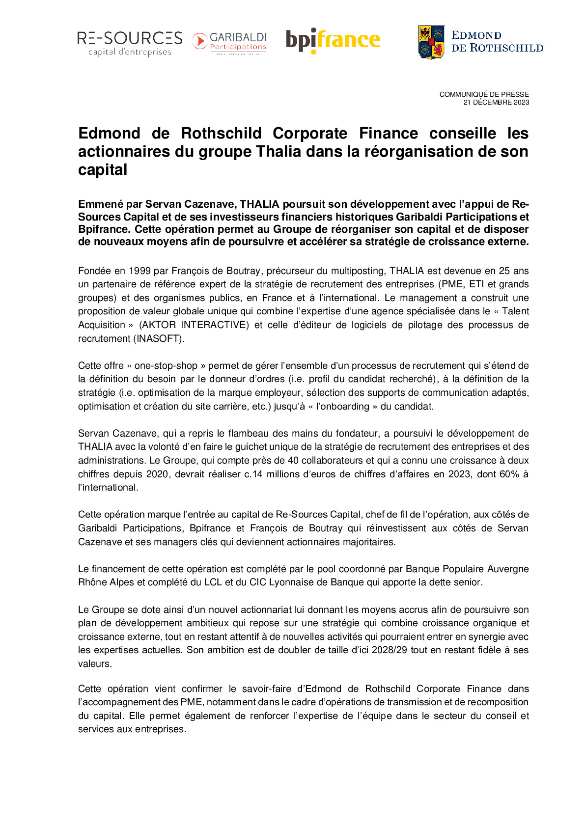 2023 12 21 – CP Edmond de Rothschild Corporate Finance conseille les actionnaires du groupe Thalia dans la réorganisation de son capital-pdf