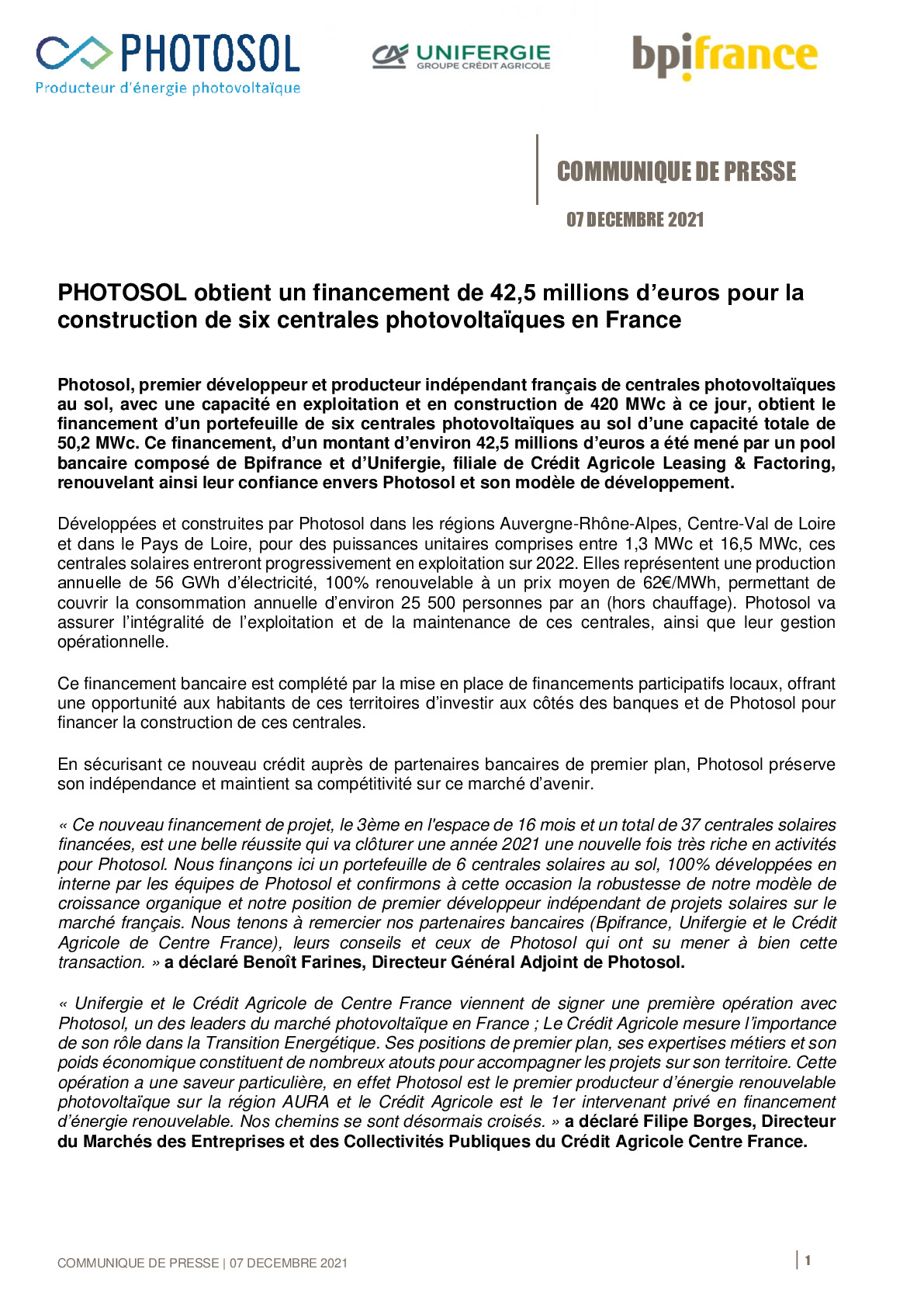 2021 12 07 – Photosol obtient un financement de 425 millions deuros pour la construction de six centrales photovoltaiques en France-pdf