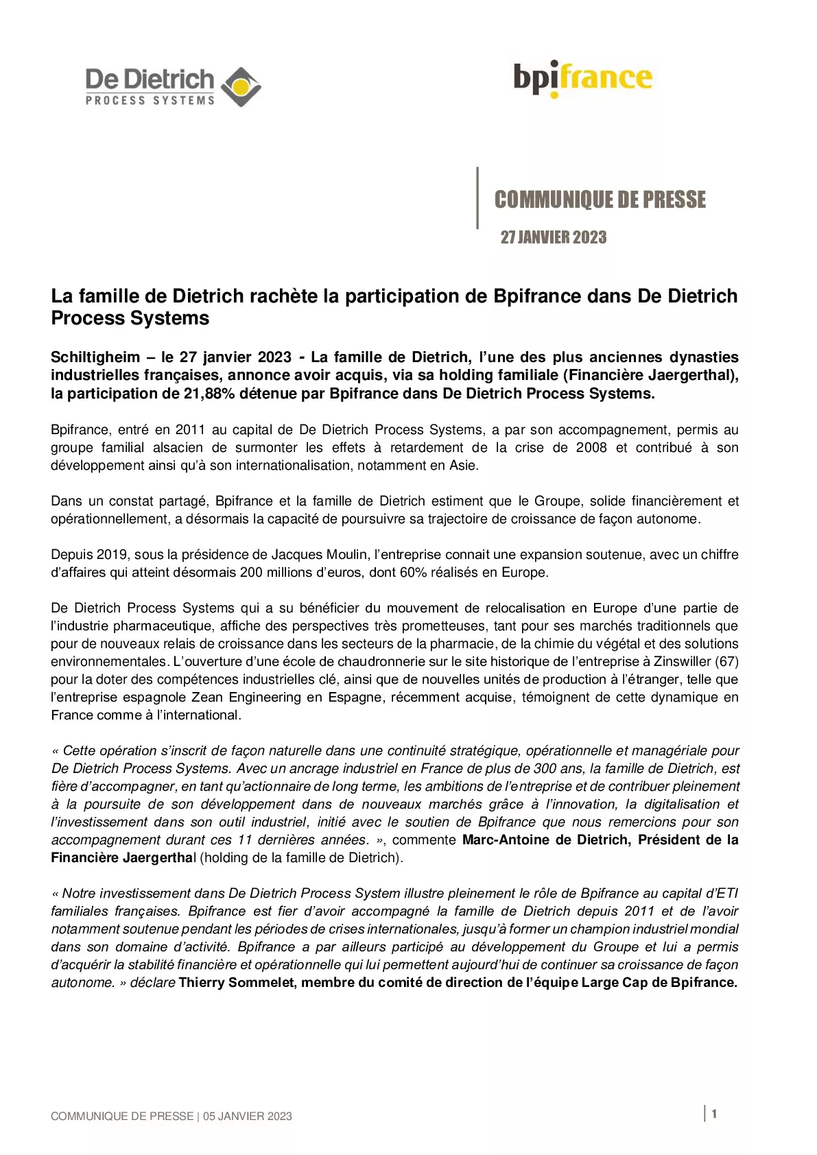 2023 01 27 – CP La famille de Dietrich rachète la participation de Bpifrance dans De Dietrich Process Systems-pdf