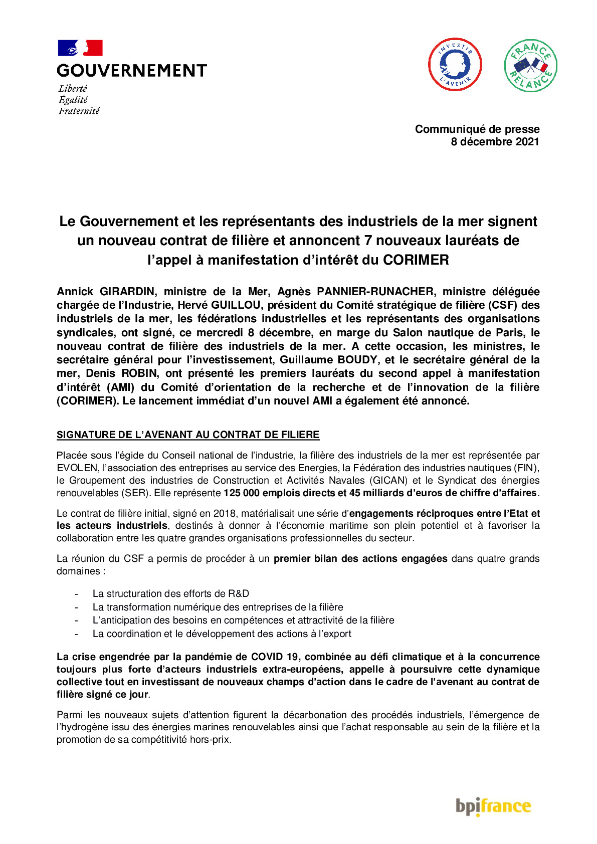 1802 – Le Gouvernement et les representants des industriels de la mer signent un nouveau contrat de filiere et annoncent 7 nouveaux laureats de lAMI du CO-pdf