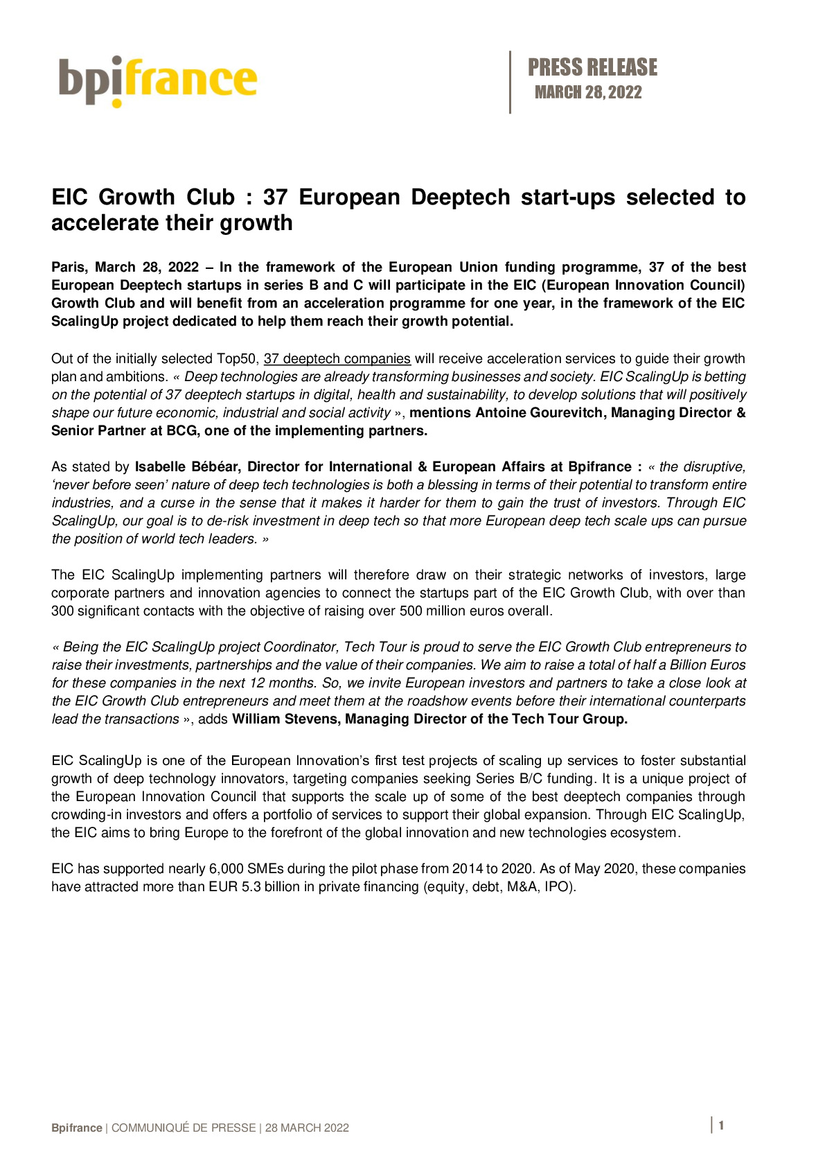 2022 03 28 – PR EIC Growth Club – 37 European Deeptech start-ups selected to accelerate their growth-pdf