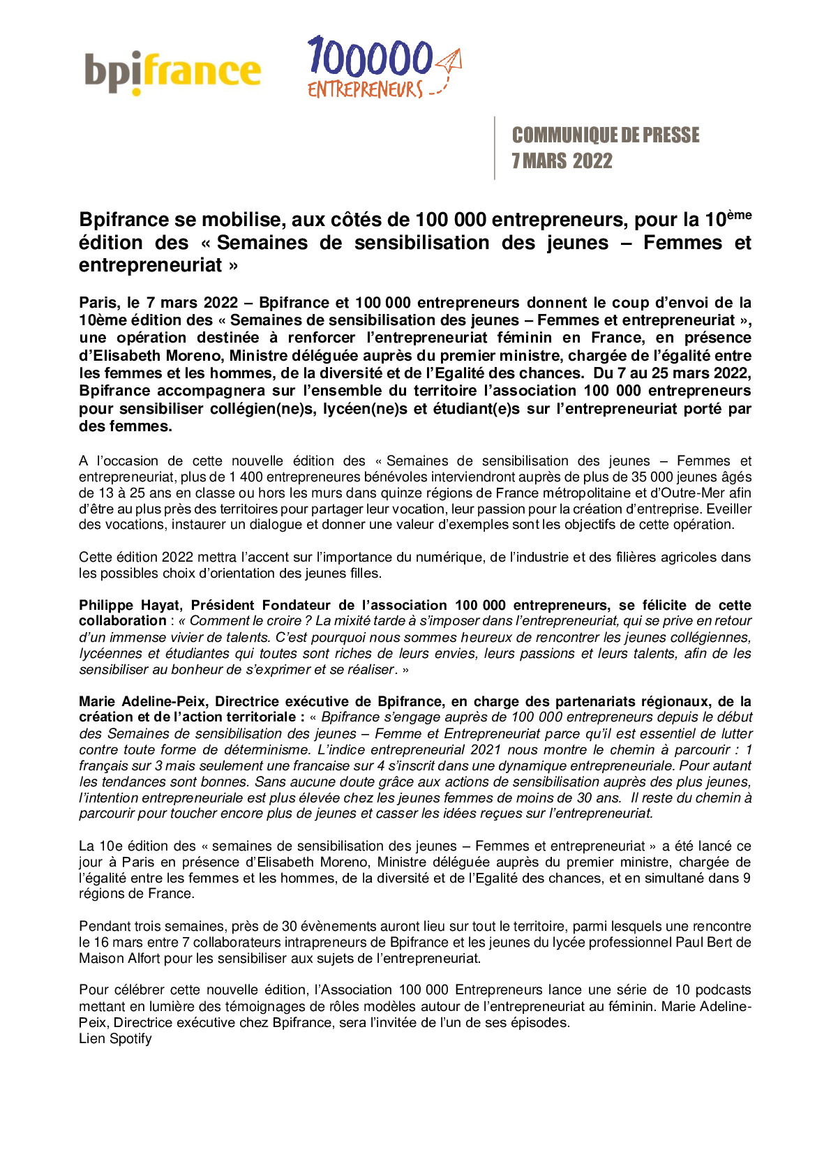 2022 03 07 – Bpifrance se mobilise aux cotes de 100 000 entrepreneurs pour la 10e edition des Semaines de sensibilisation des jeunes  Femmes et entrepreneuriat-pdf