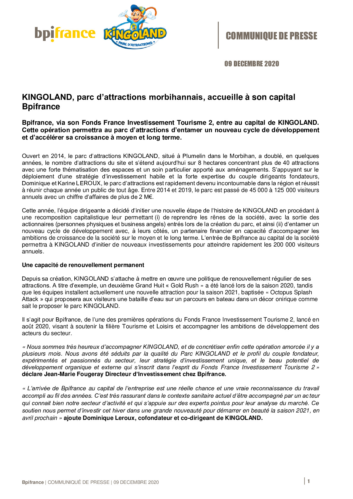2020 12 09 – CP – KINGOLAND parc dattractions morbihannais accueille a son capital Bpifrance-pdf