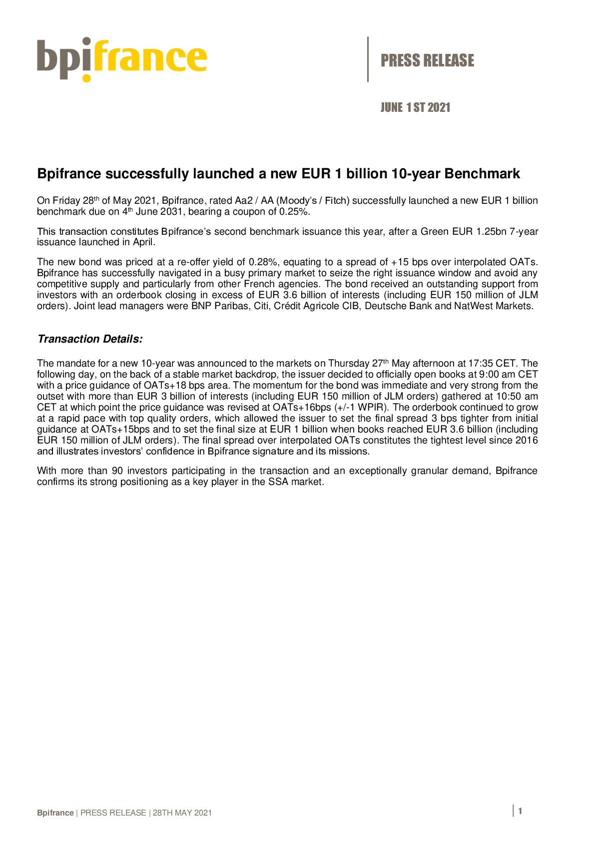 20210601 PR Bpifrance successfully launched a new 10-year bond EUR 1bn English-pdf