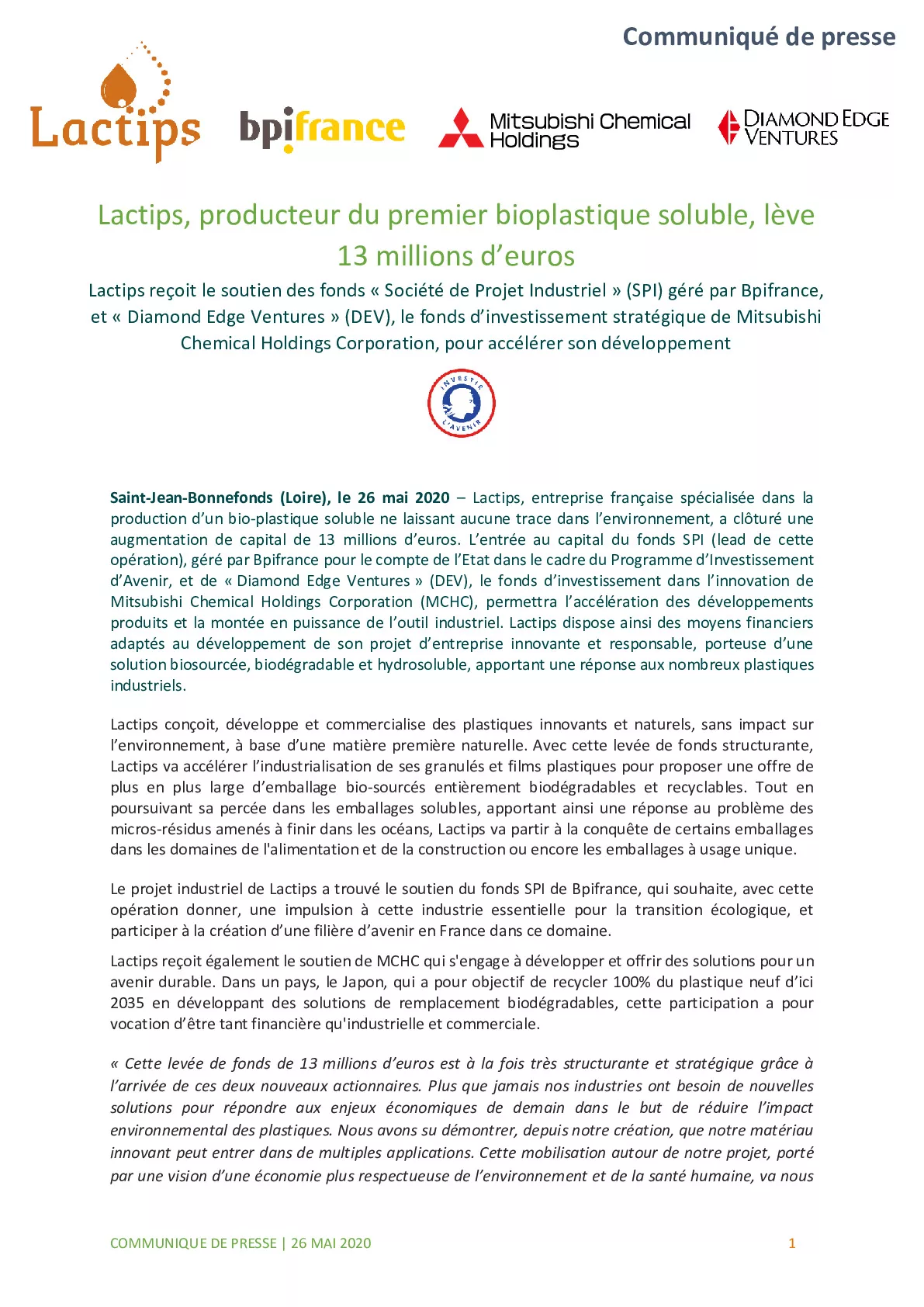 2020 05 26 – CP Levee de fonds Lactips – Bpifrance – Mitsubishi