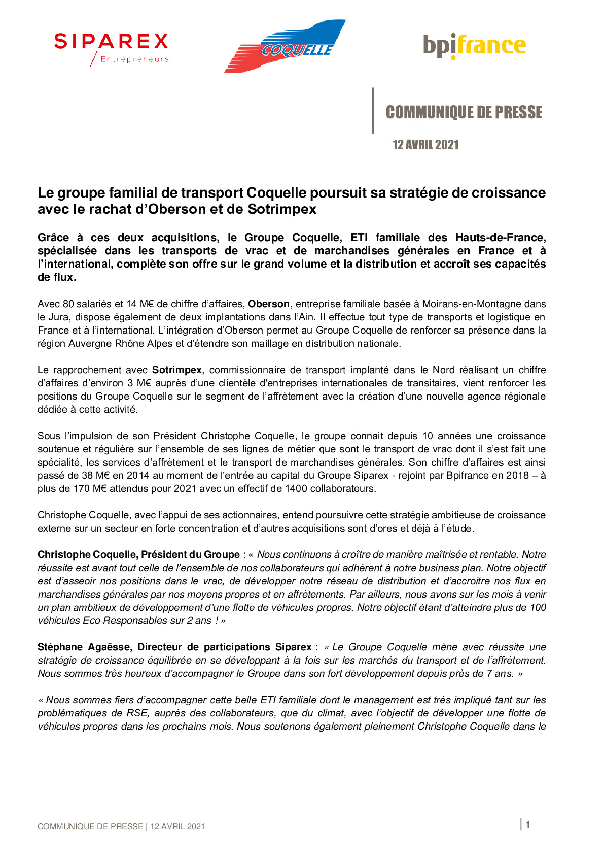 2021 04 12 – CP Le groupe familial de transport Coquelle poursuit sa strategie de croissance avec le rachat dOberson et de Sotrimpex-pdf