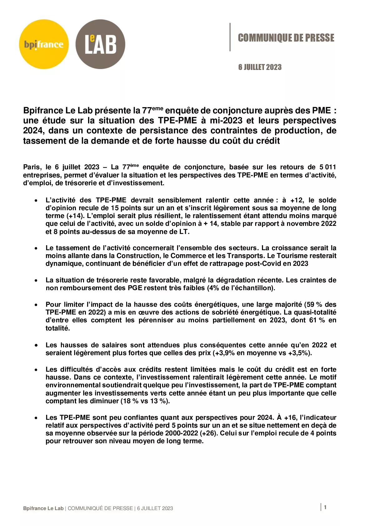 2023 07 06 – CP Bpifrance Le Lab – 77e Enquête de conjoncture PME-pdf