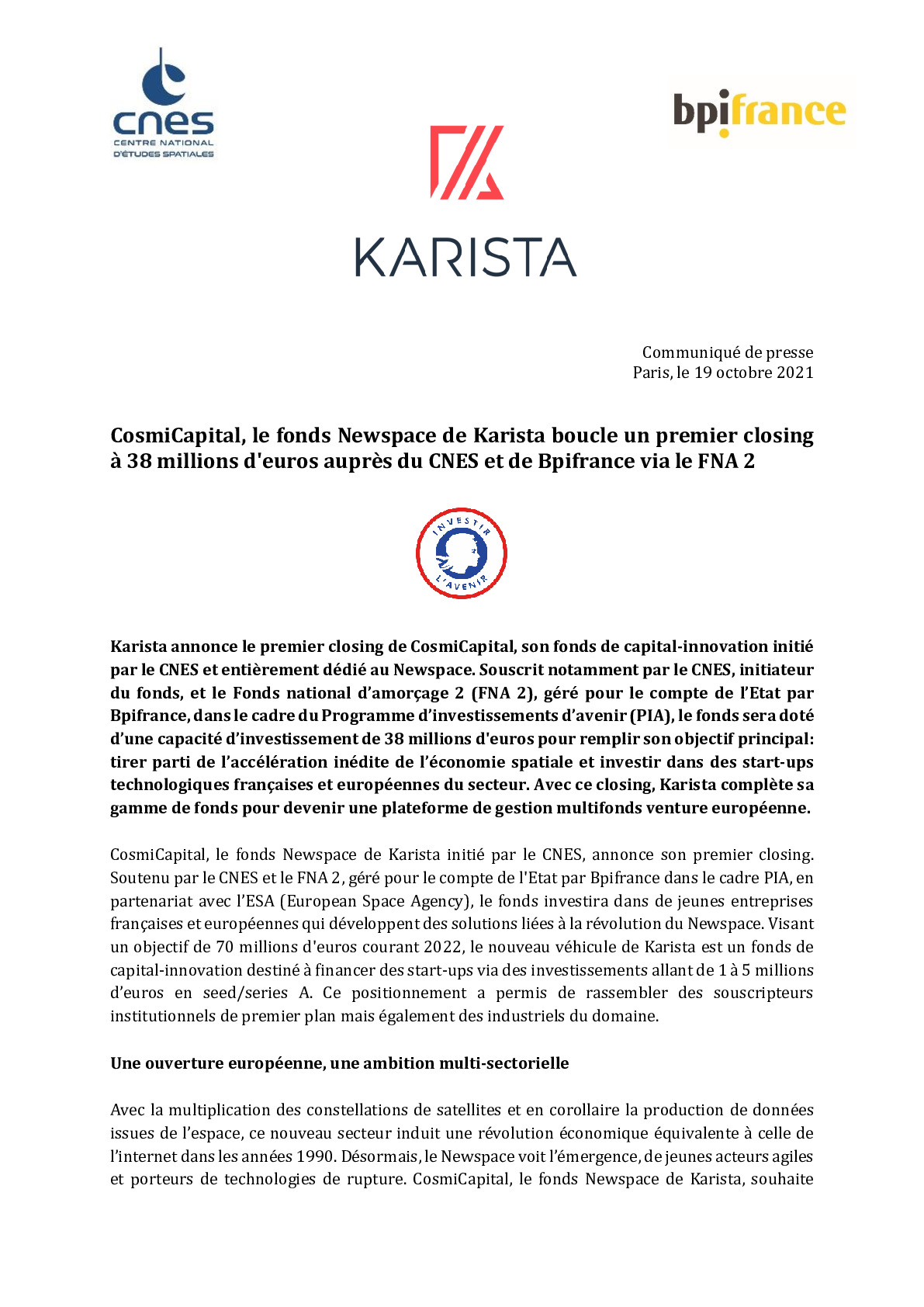 2021 10 19 – CP -CosmiCapital le fonds Newspace de Karista boucle un premier closing a 38 millions deuros aupres du CNES et de Bpifrance via le FNA 2 -pdf