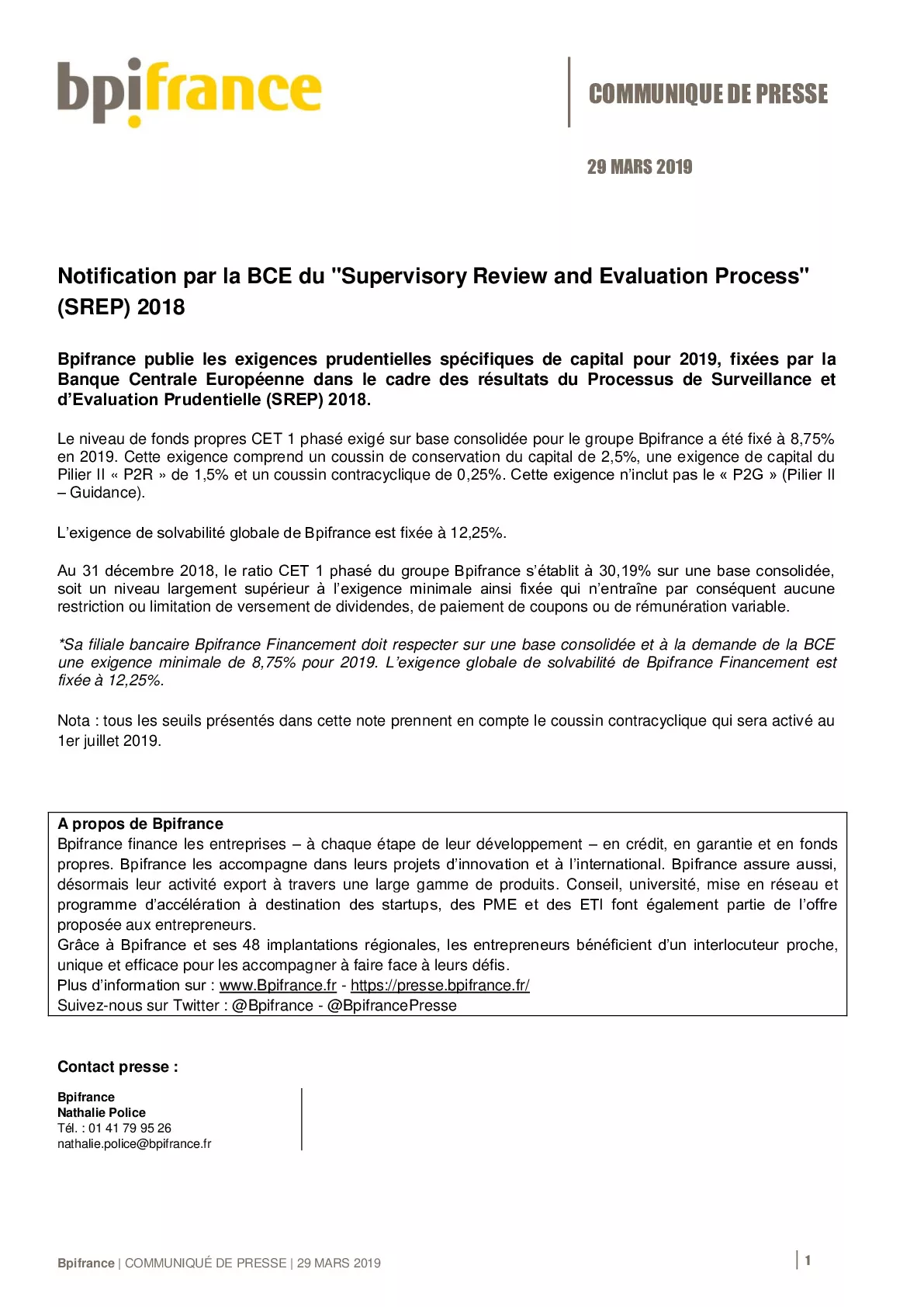 2019 03 29 – Bpifrance publie les exigences prudentielles specifiques de capital pour 2019 fixees par la BCE-pdf