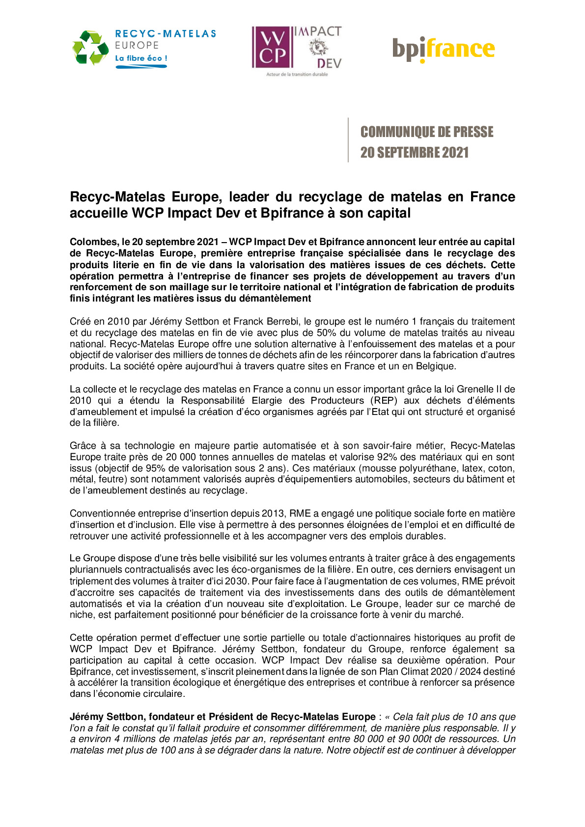 2021 09 20 – CP RME accueille WCP Impa ct Dev et Bpifrance a son capital-pdf