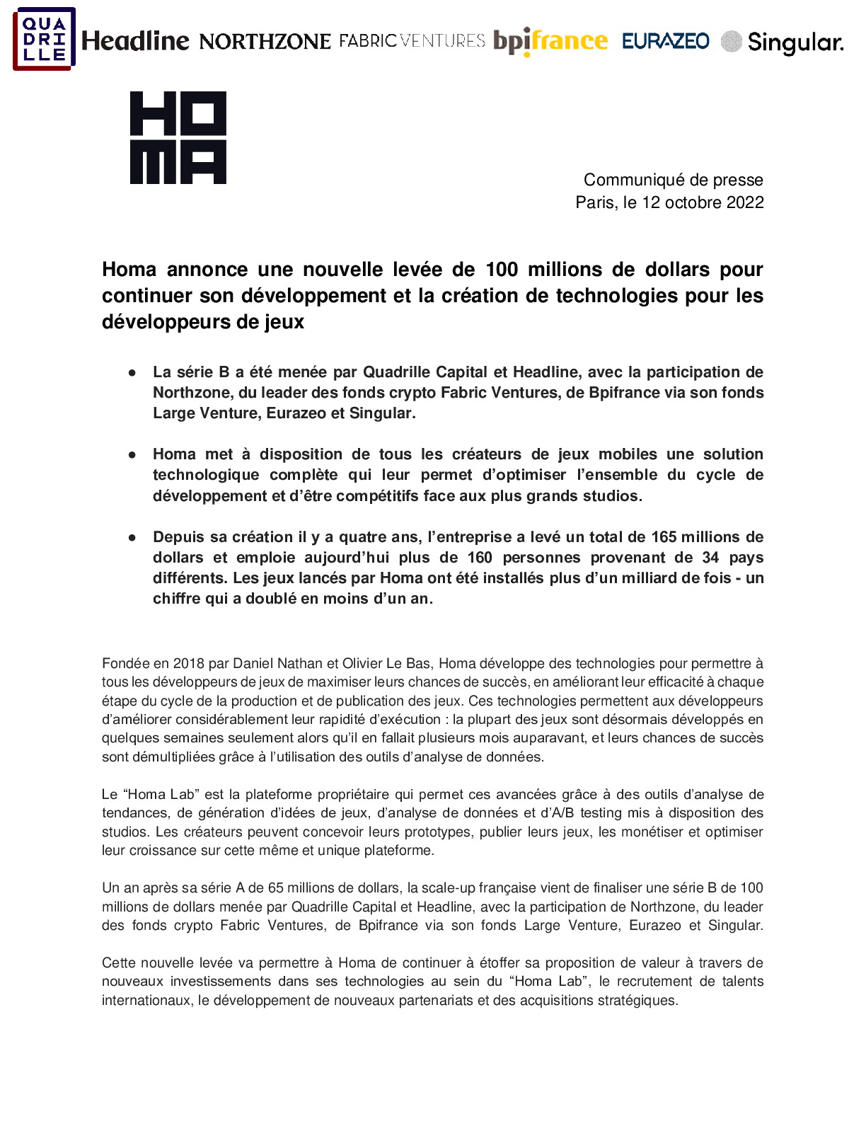 2022 10 12 – CP Homa annonce une nouvelle levee de 100 millions de dollars pour continuer son developpement et la creation de technologies pour les developpeurs de jeux-pdf