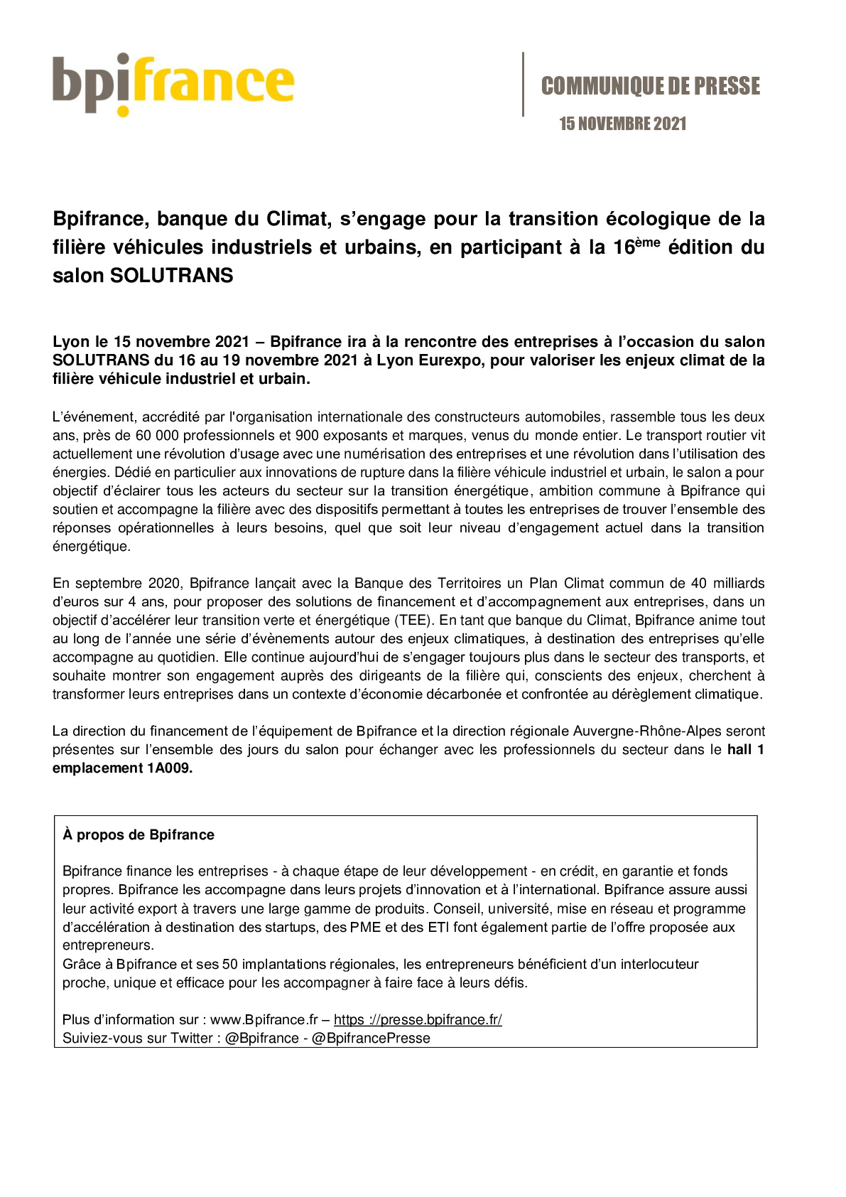 2021 11 15 – CP Bpifrance banque du Climat sengage pour la transition ecologique de la filiere vehicules industriels et urbains en participant a la 16eme edition du salon SOLUTRANS -pdf