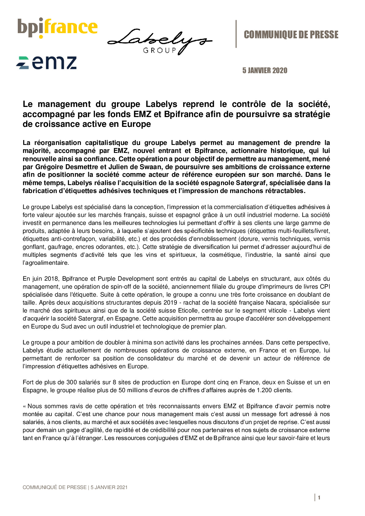 2021 01 05 – CP – Le management du groupe Labelys reprend le controle de la societe accompagne par les fonds EMZ et Bpifrance-pdf