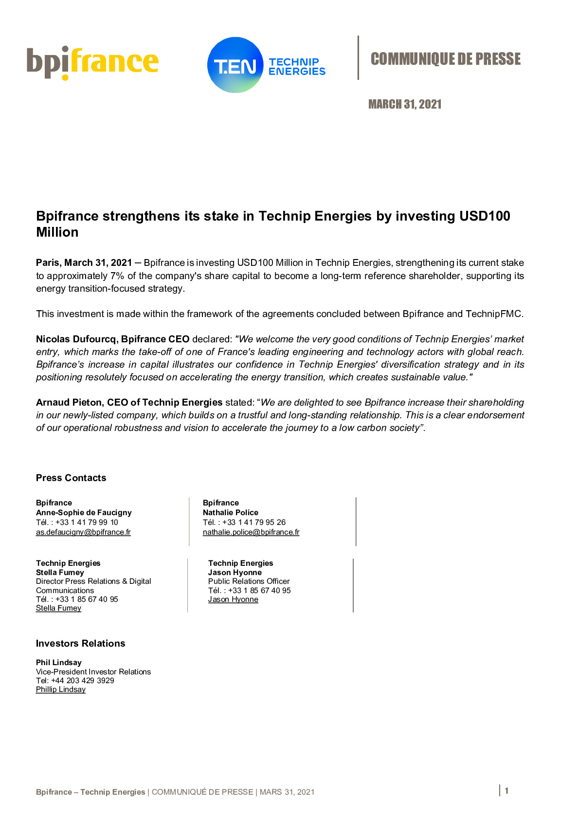 2021 03 31 – PR Bpifrance invests USD 100M in Technip Energies-pdf
