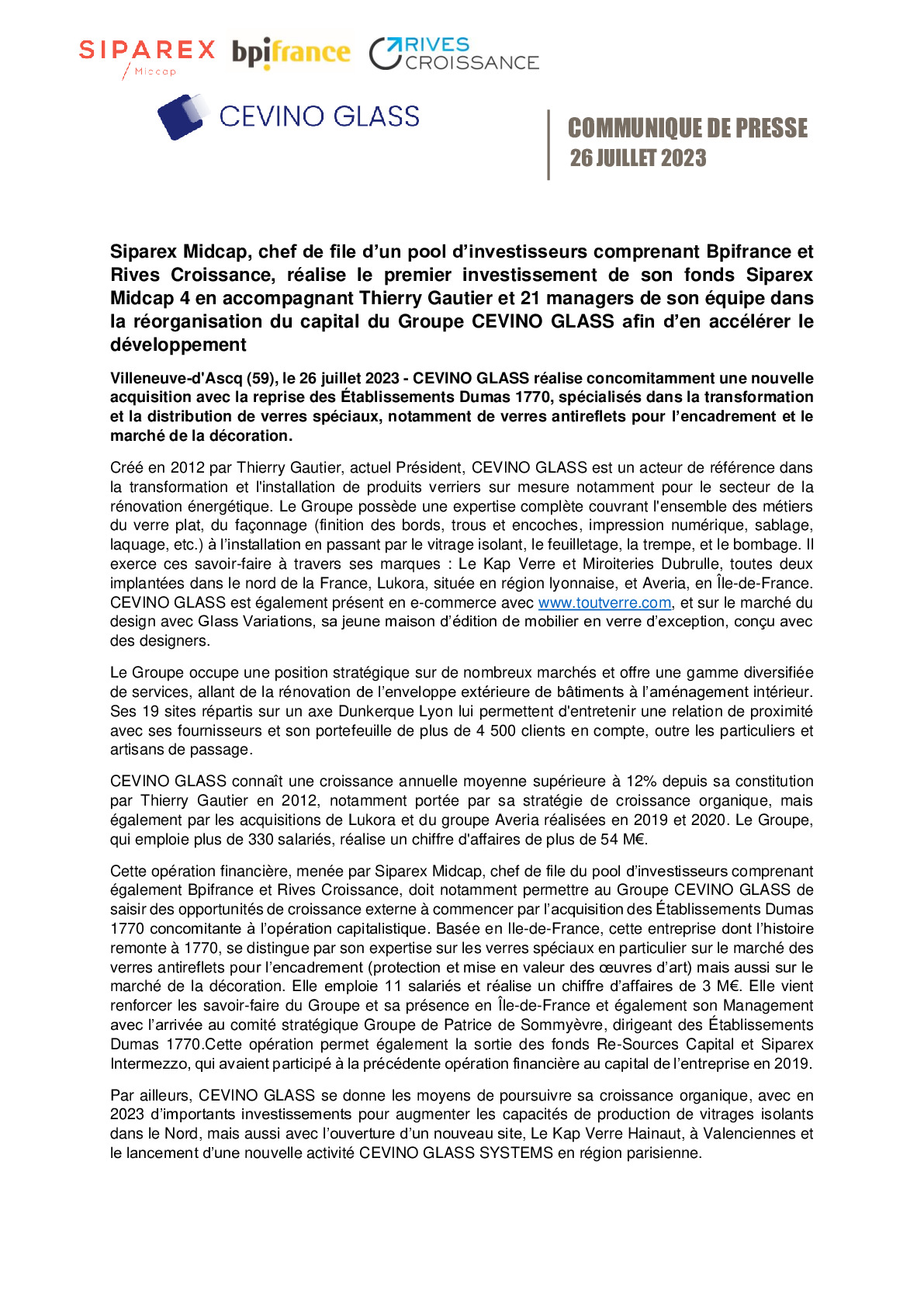 2023 07 26 – CP Bpifrance – Siparex Midcap, chef de file d’un pool d’investisseurs comprenant Bpifrance et Rives Croissance, réalise le premier investissement de son fonds Siparex-pdf