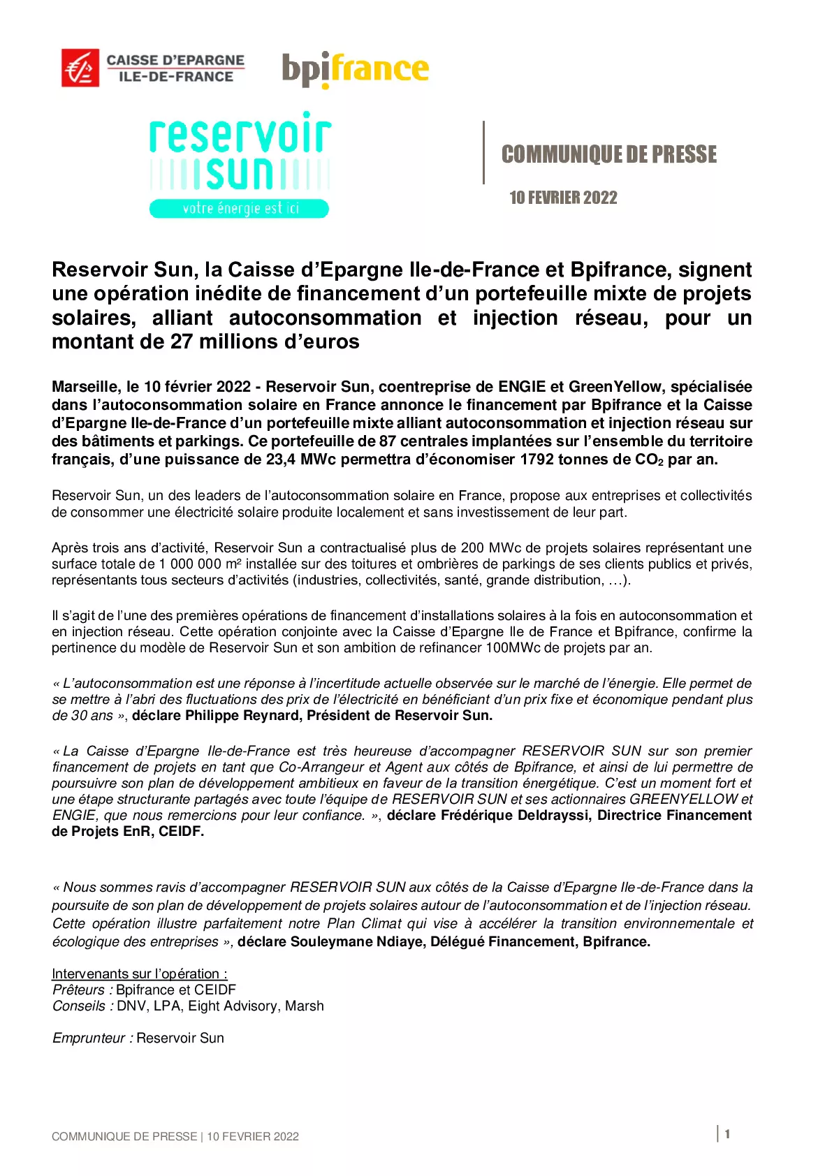 2022 02 10 – Reservoir Sun obtient un financement de la Caisse dEpargne Ile de France et Bpifrance-pdf