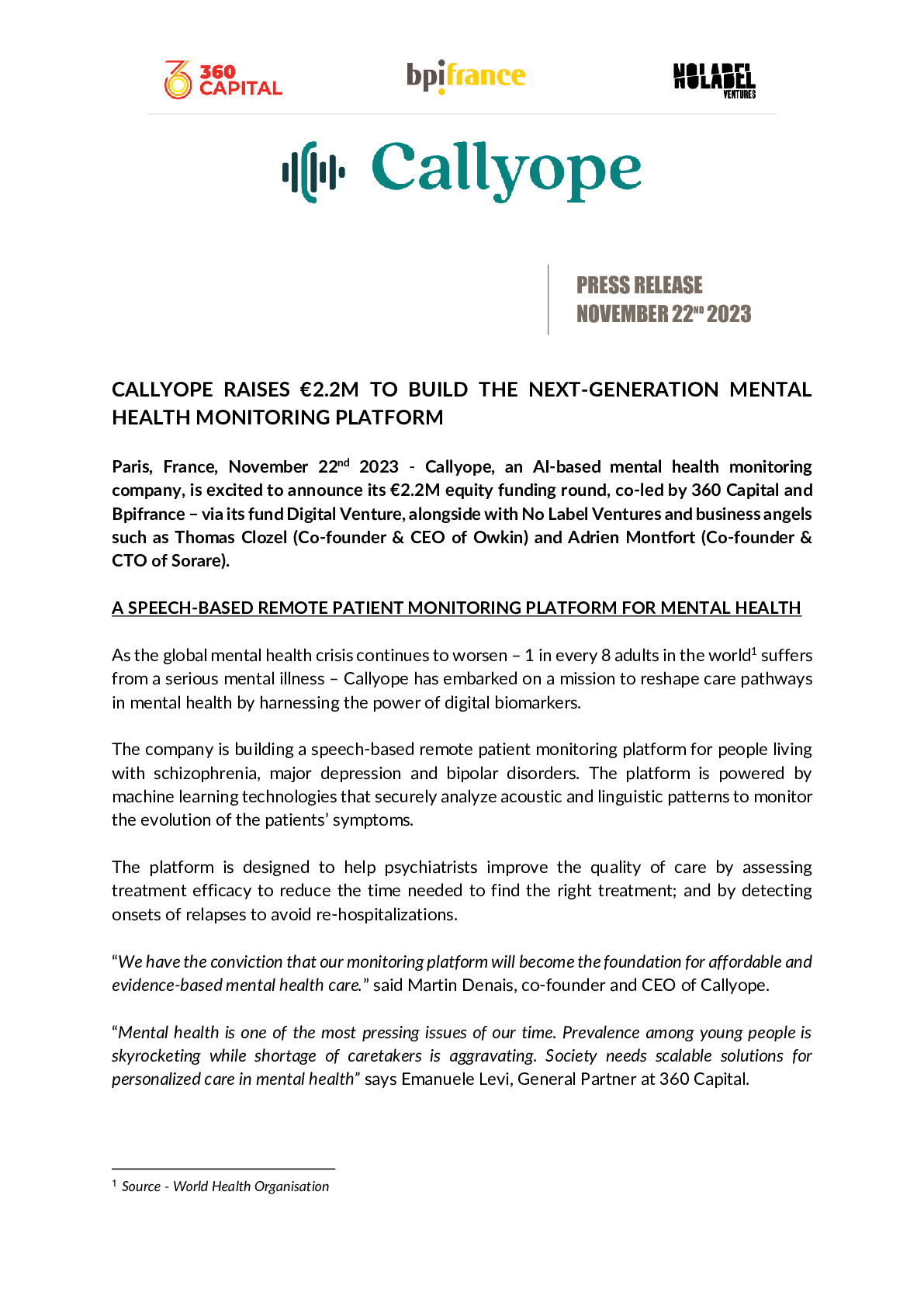 2023 11 22 – PR CALLYOPE RAISES €2.2M TO BUILD THE NEXT-GENERATION MENTAL HEALTH MONITORING PLATFORM-pdf