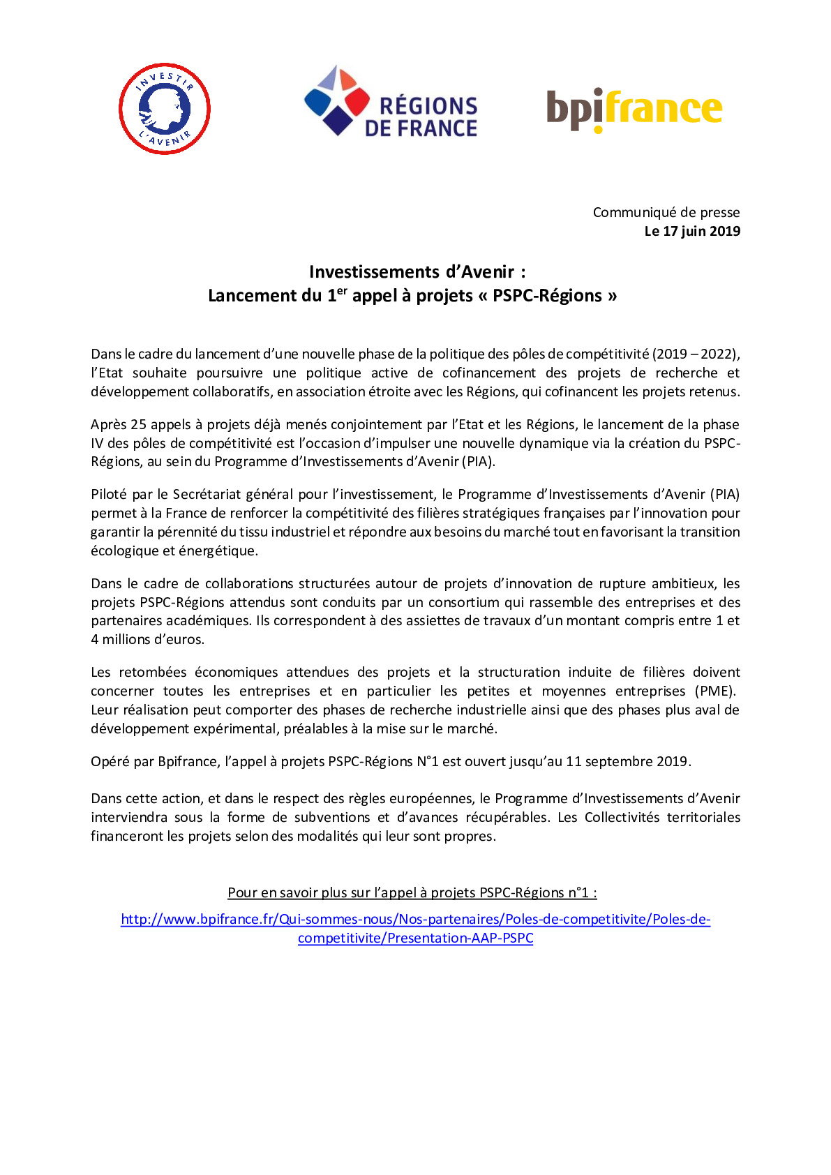 CP Bpifrance Regions de France – Appel a projet PSPC regions-pdf