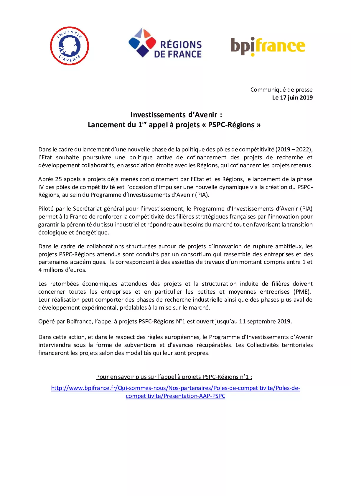 CP Bpifrance Regions de France – Appel a projet PSPC regions-pdf