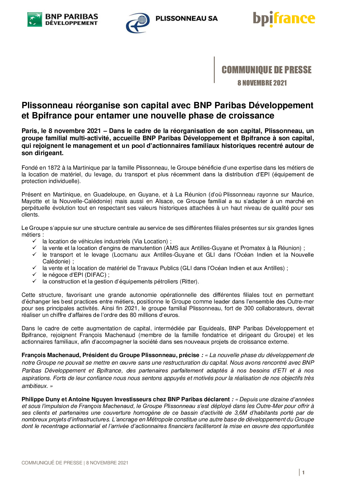 2021 11 08 – CP – Plissonneau reorganise son capital avec BNP Paribas Developpement et Bpifrance pour entamer une nouvelle phase de croissance-pdf