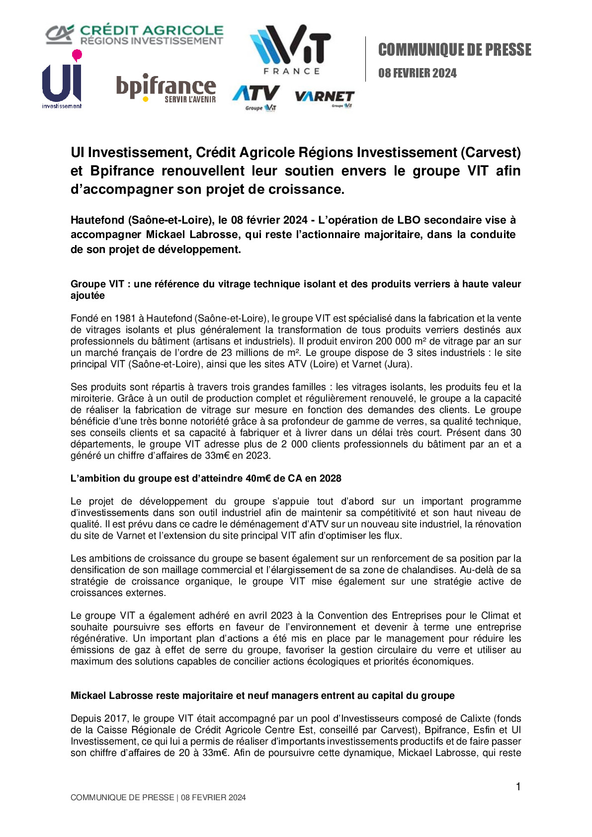 08 02 2024 – CP Bpifrance – UI Investissement, Crédit Agricole Régions Investissement (Carvest) et Bpifrance renouvellent leur soutien envers le groupe VIT afin d’accompagner s-pdf