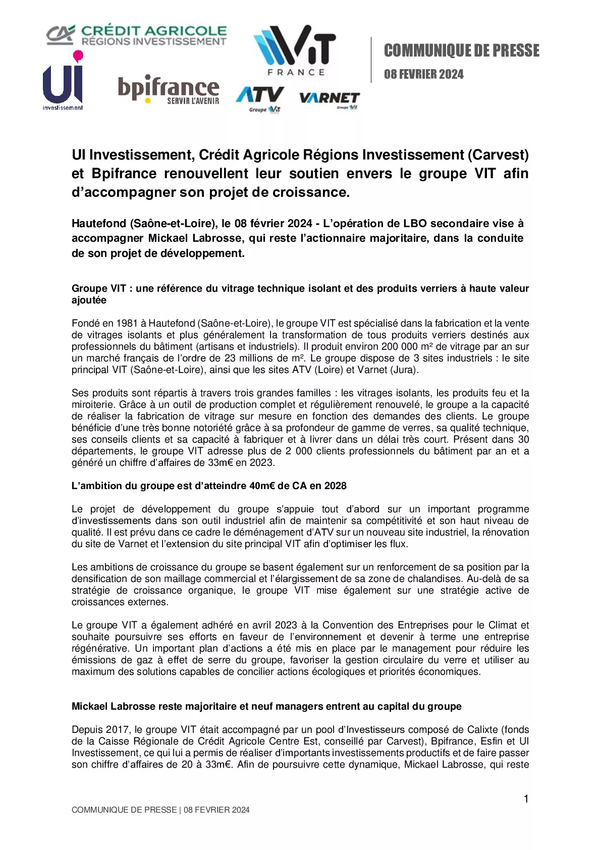 08 02 2024 – CP Bpifrance – UI Investissement, Crédit Agricole Régions Investissement (Carvest) et Bpifrance renouvellent leur soutien envers le groupe VIT afin d’accompagner s-pdf