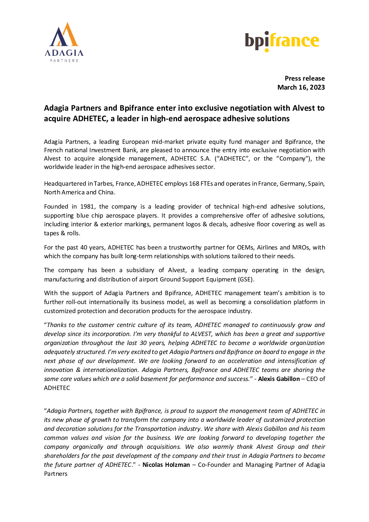 2023 03 06 – PR – Adagia Partners and Bpifrance enter into exclusive negotiation with Alvest to acquire ADHETEC, a leader in high-end aerospace adhesive solutions-pdf