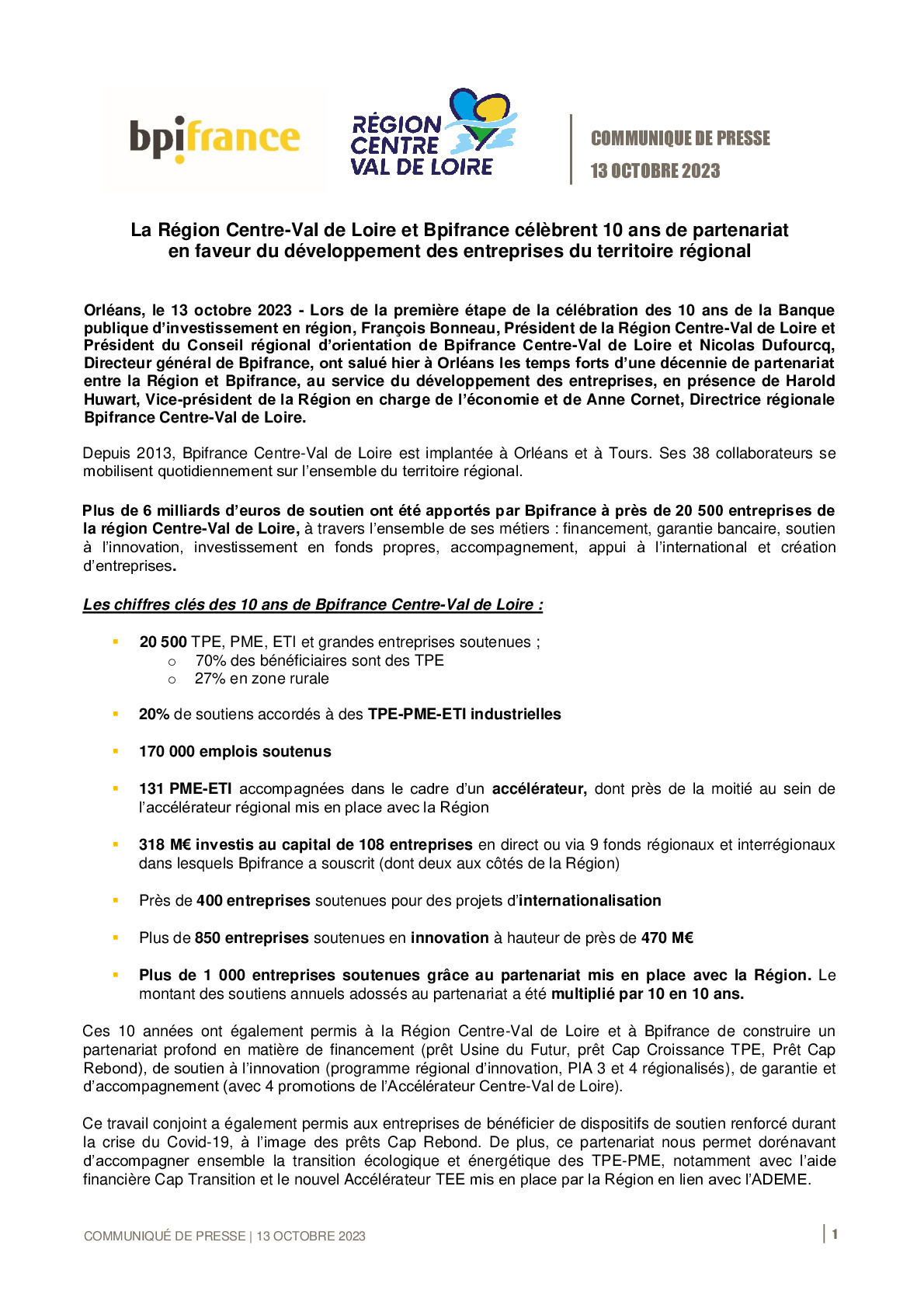 2023 10 13 – CP Bpifrance CVDL – La Région Centre-Val de Loire et Bpifrance célèbrent 10 ans de partenariat-pdf