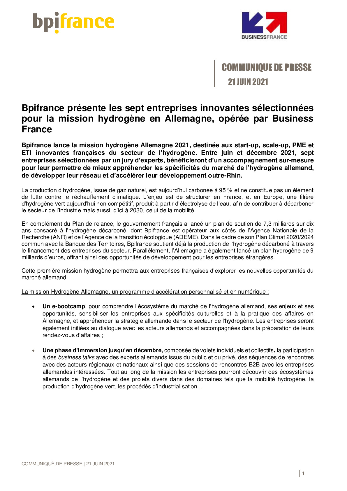 2021 06 21 – CP – Bpifrance presente les 7 entreprises innovantes selectionnees pour la mission hydrogene en Allemagne operee par Business France-pdf