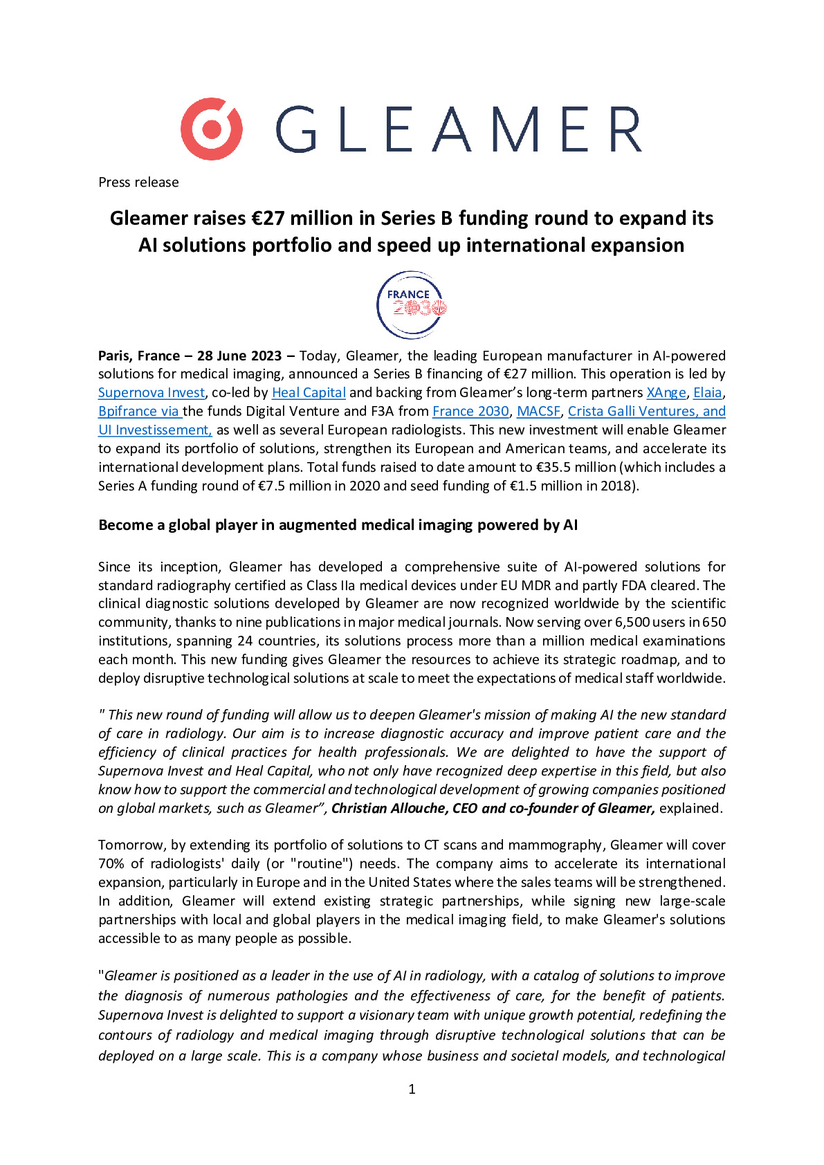 2023 06 28 – PR Gleamer raises €27 million in Series B funding round to expand its AI solutions portfolio and speed up international expansion -pdf