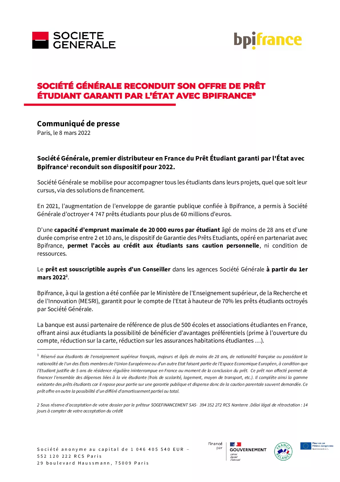 2022 03 08 – CP Societe Generale reconduit le pret etudiant avec Bpifrance-pdf