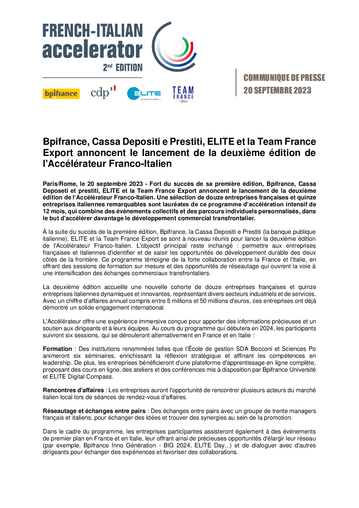 2023 09 20 – CP Bpifrance – Bpifrance Cassa Depositi e Prestiti ELITE et la Team France Export annoncent le lancement de la deuxième édition de l’Accélérateur-pdf