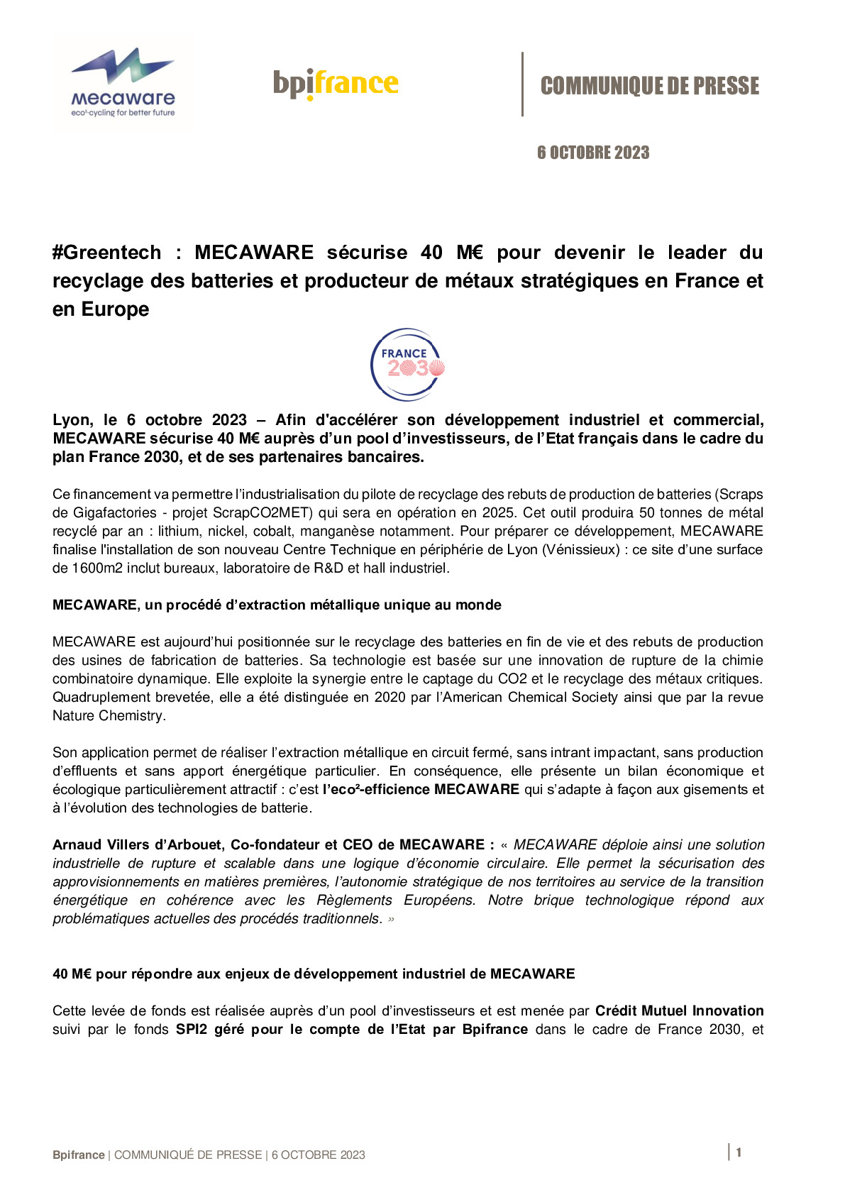 2023 10 06 CP – Greentech – MECAWARE sécurise 40 M€ pour devenir le leader du recyclage des batteries et producteur de métaux stratégiques en France et en Europe-pdf