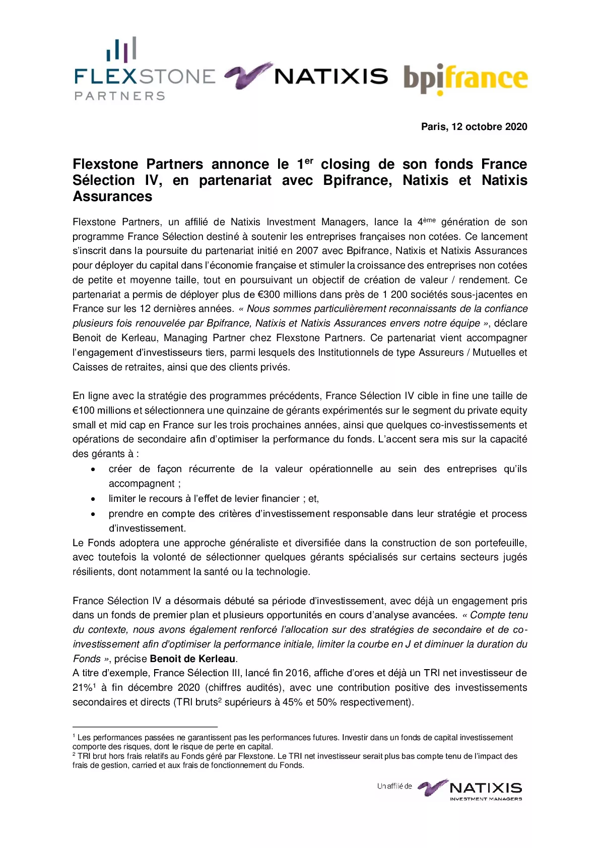 20 10 12 – CP Flexstone Partners annonce le 1er closing de son fonds France Selection IV en partenariat avec Bpifrance Natixis et Natixis Assurances-pdf