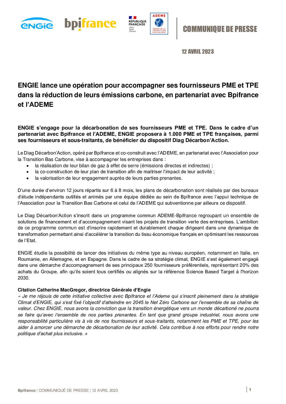 2023 04 12 CP – ENGIE lance une opération pour accompagner ses fournisseurs PME et TPE dans la réduction de leurs émissions carbone, en partenariat avec Bpifrance et l’ADEME-pdf